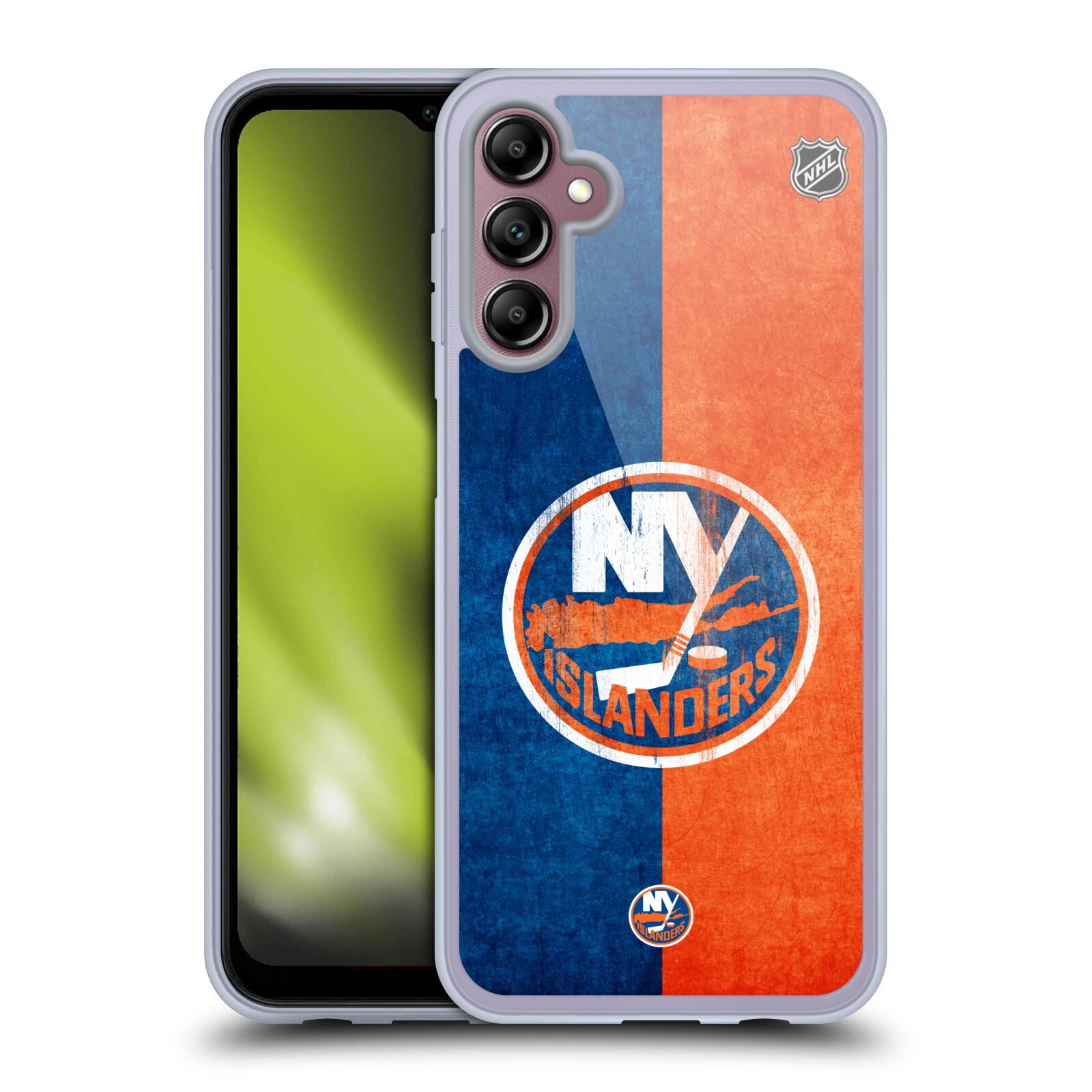 Silikonové pouzdro na mobil Samsung Galaxy A14 5G / LTE - NHL - Půlené logo New York Islanders (Silikonový kryt, obal, pouzdro na mobilní telefon Samsung Galaxy A14 5G / LTE s licencovaným motivem NHL - Půlené logo New York Islanders)