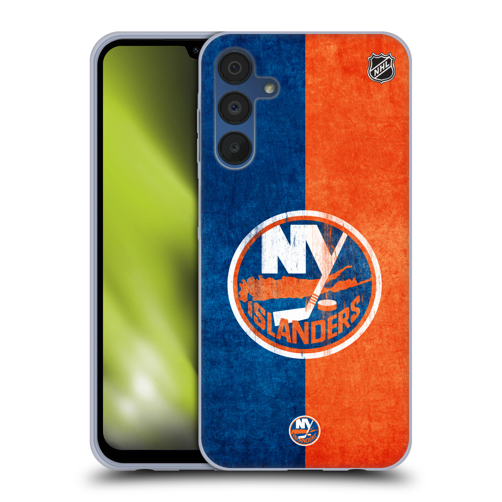 Silikonové pouzdro na mobil Samsung Galaxy A15 / A15 5G - NHL - Půlené logo New York Islanders (Silikonový kryt, obal, pouzdro na mobilní telefon Samsung Galaxy A15 / A15 5G s licencovaným motivem NHL - Půlené logo New York Islanders)