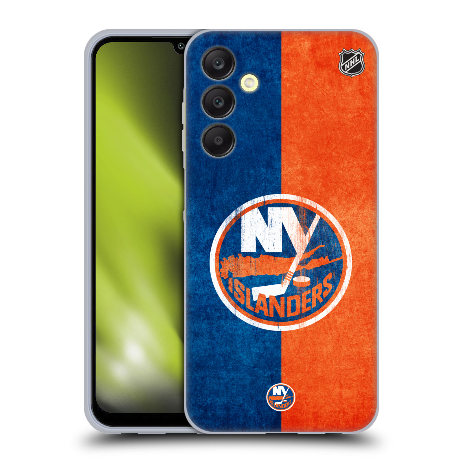 Silikonové pouzdro na mobil Samsung Galaxy A25 5G - NHL - Půlené logo New York Islanders (Silikonový kryt, obal, pouzdro na mobilní telefon Samsung Galaxy A25 5G s licencovaným motivem NHL - Půlené logo New York Islanders)