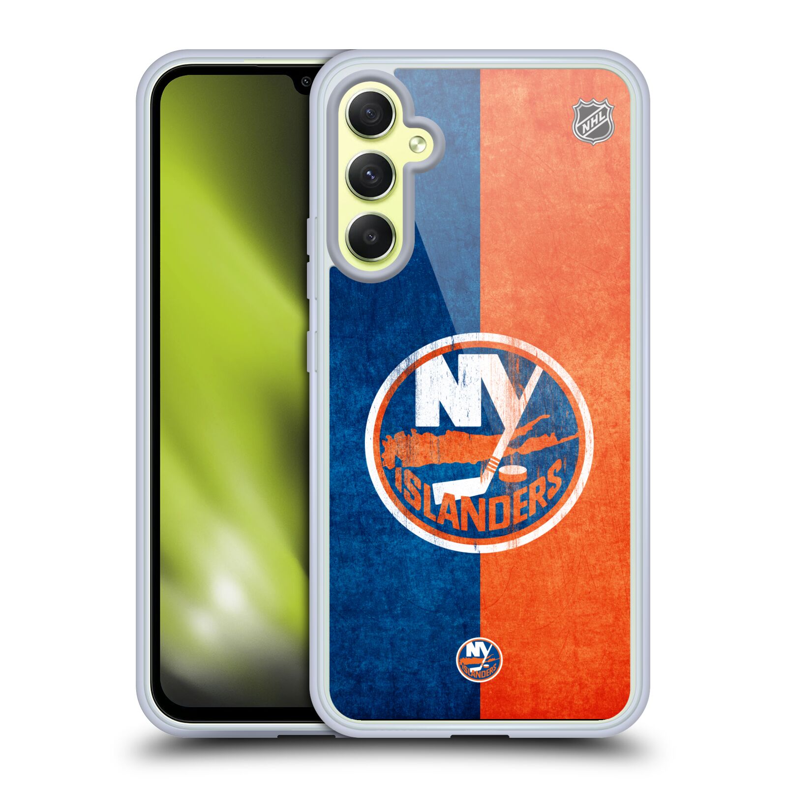 Silikonové pouzdro na mobil Samsung Galaxy A34 5G - NHL - Půlené logo New York Islanders (Silikonový kryt, obal, pouzdro na mobilní telefon Samsung Galaxy A34 5G s licencovaným motivem NHL - Půlené logo New York Islanders)