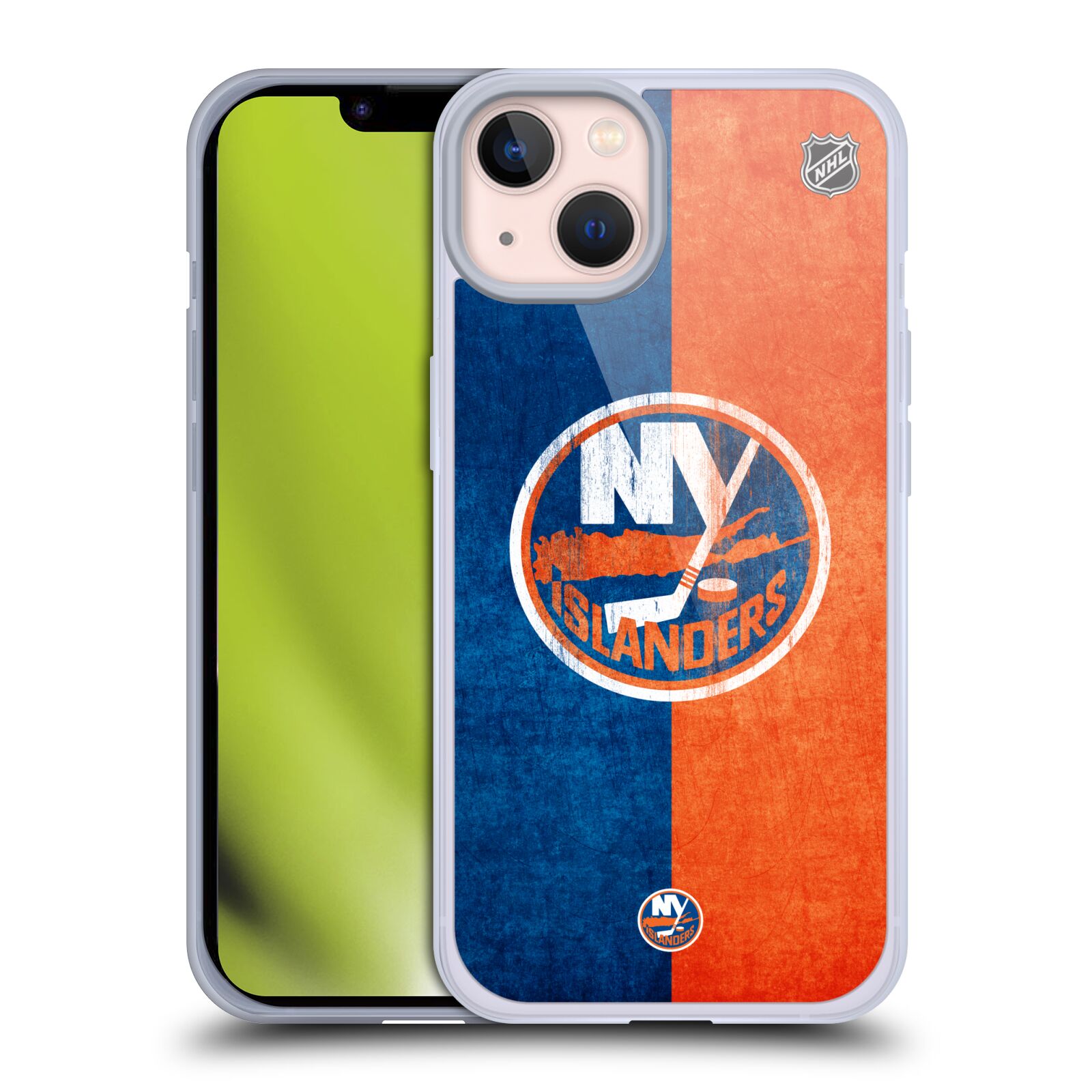 Silikonové pouzdro na mobil Apple iPhone 13 - NHL - Půlené logo New York Islanders (Silikonový kryt, obal, pouzdro na mobilní telefon Apple iPhone 13 s licencovaným motivem NHL - Půlené logo New York Islanders)
