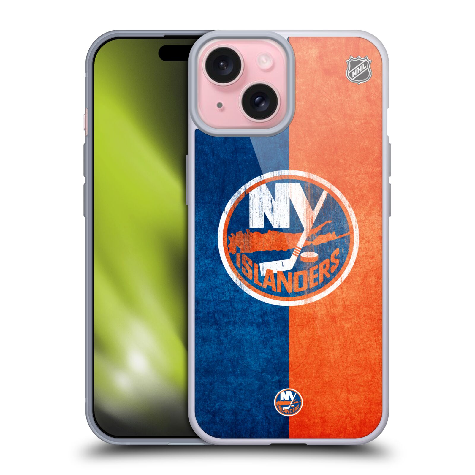 Silikonové lesklé pouzdro na mobil Apple iPhone 15 - NHL - Půlené logo New York Islanders (Silikonový lesklý kryt, obal, pouzdro na mobilní telefon Apple iPhone 15 s licencovaným motivem NHL - Půlené logo New York Islanders)