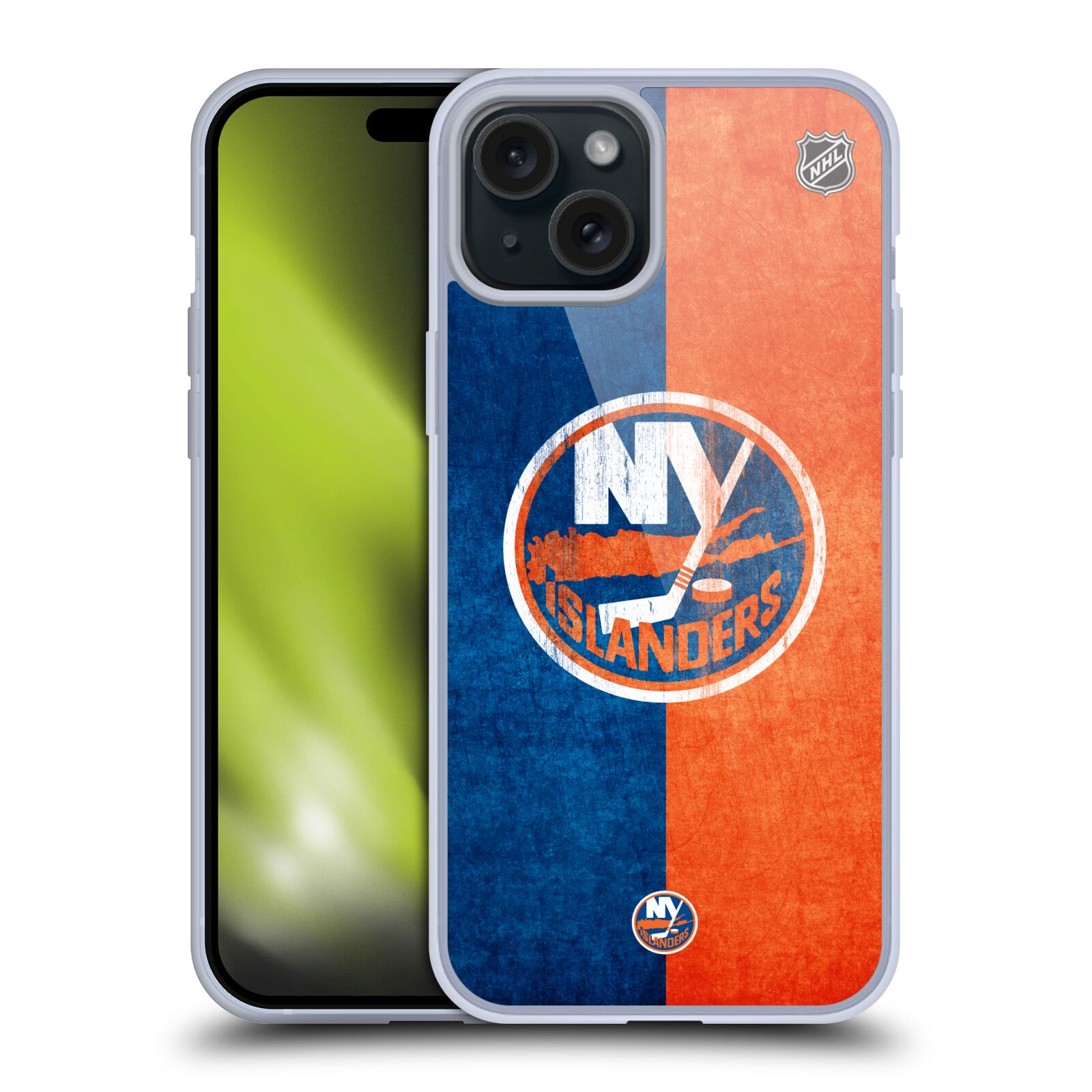 Silikonové lesklé pouzdro na mobil Apple iPhone 15 Plus - NHL - Půlené logo New York Islanders (Silikonový lesklý kryt, obal, pouzdro na mobilní telefon Apple iPhone 15 Plus s licencovaným motivem NHL - Půlené logo New York Islanders)