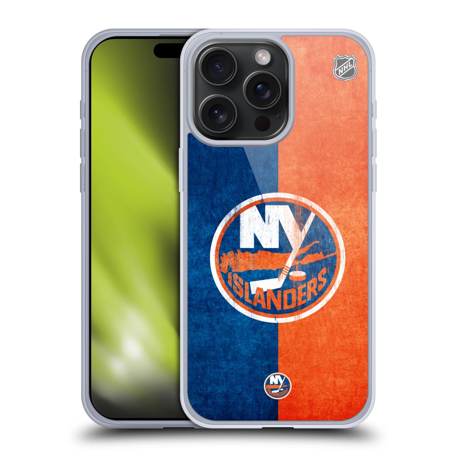 Silikonové lesklé pouzdro na mobil Apple iPhone 15 Pro Max - NHL - Půlené logo New York Islanders (Silikonový lesklý kryt, obal, pouzdro na mobilní telefon Apple iPhone 15 Pro Max s licencovaným motivem NHL - Půlené logo New York Islanders)