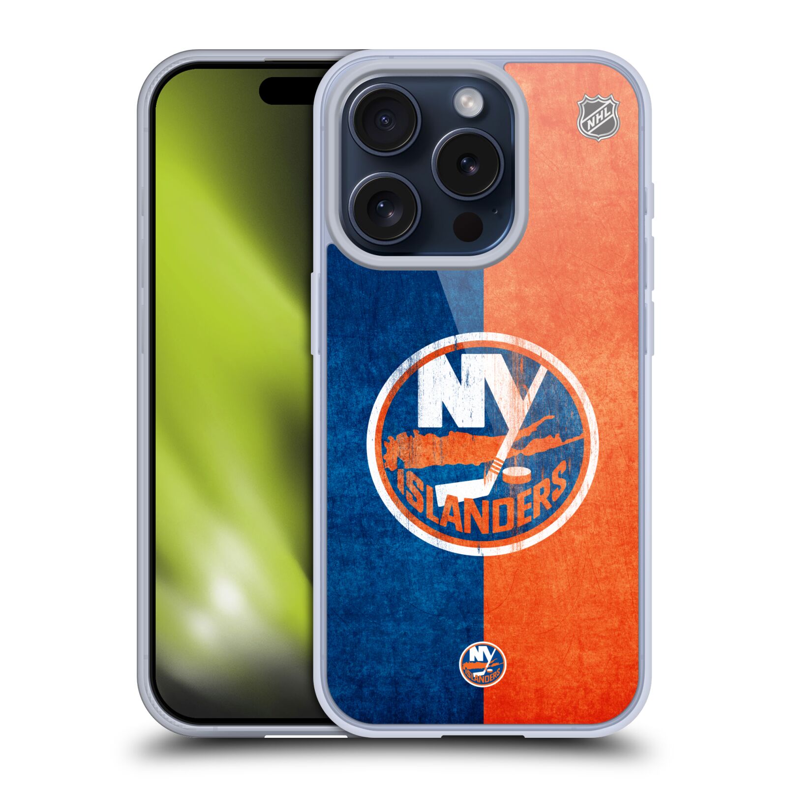 Silikonové lesklé pouzdro na mobil Apple iPhone 15 Pro - NHL - Půlené logo New York Islanders (Silikonový lesklý kryt, obal, pouzdro na mobilní telefon Apple iPhone 15 Pro s licencovaným motivem NHL - Půlené logo New York Islanders)