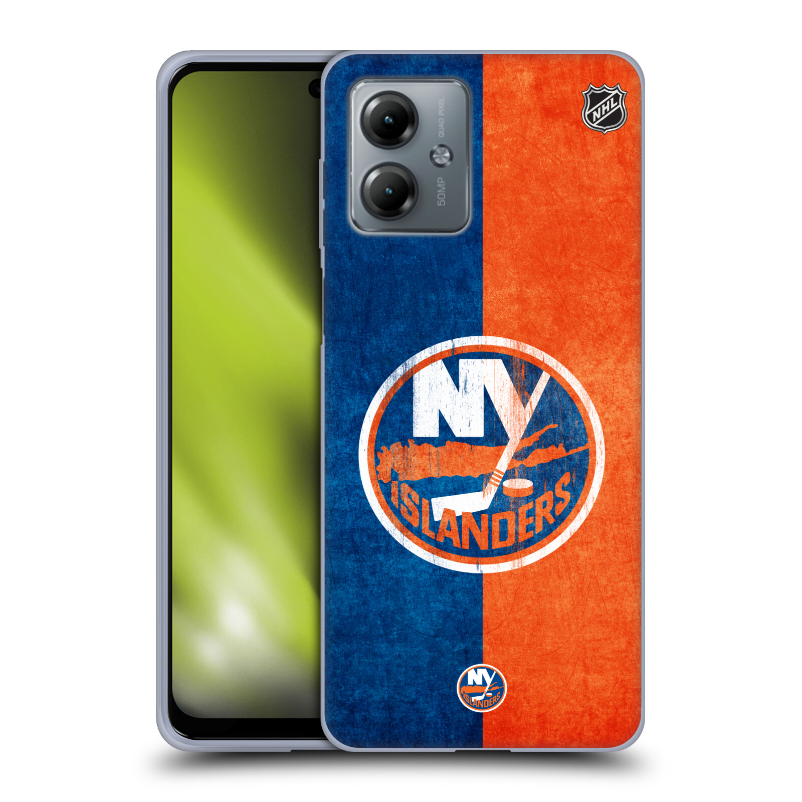 Silikonové pouzdro na mobil Motorola Moto G14 - NHL - Půlené logo New York Islanders (Silikonový kryt, obal, pouzdro na mobilní telefon Motorola Moto G14 s licencovaným motivem NHL - Půlené logo New York Islanders)
