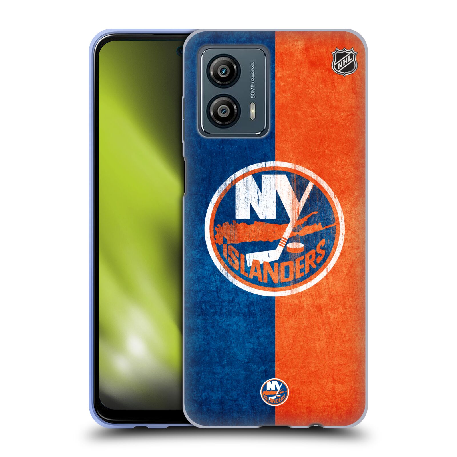 Silikonové pouzdro na mobil Motorola Moto G53 5G - NHL - Půlené logo New York Islanders (Silikonový kryt, obal, pouzdro na mobilní telefon Motorola Moto G53 5G s licencovaným motivem NHL - Půlené logo New York Islanders)