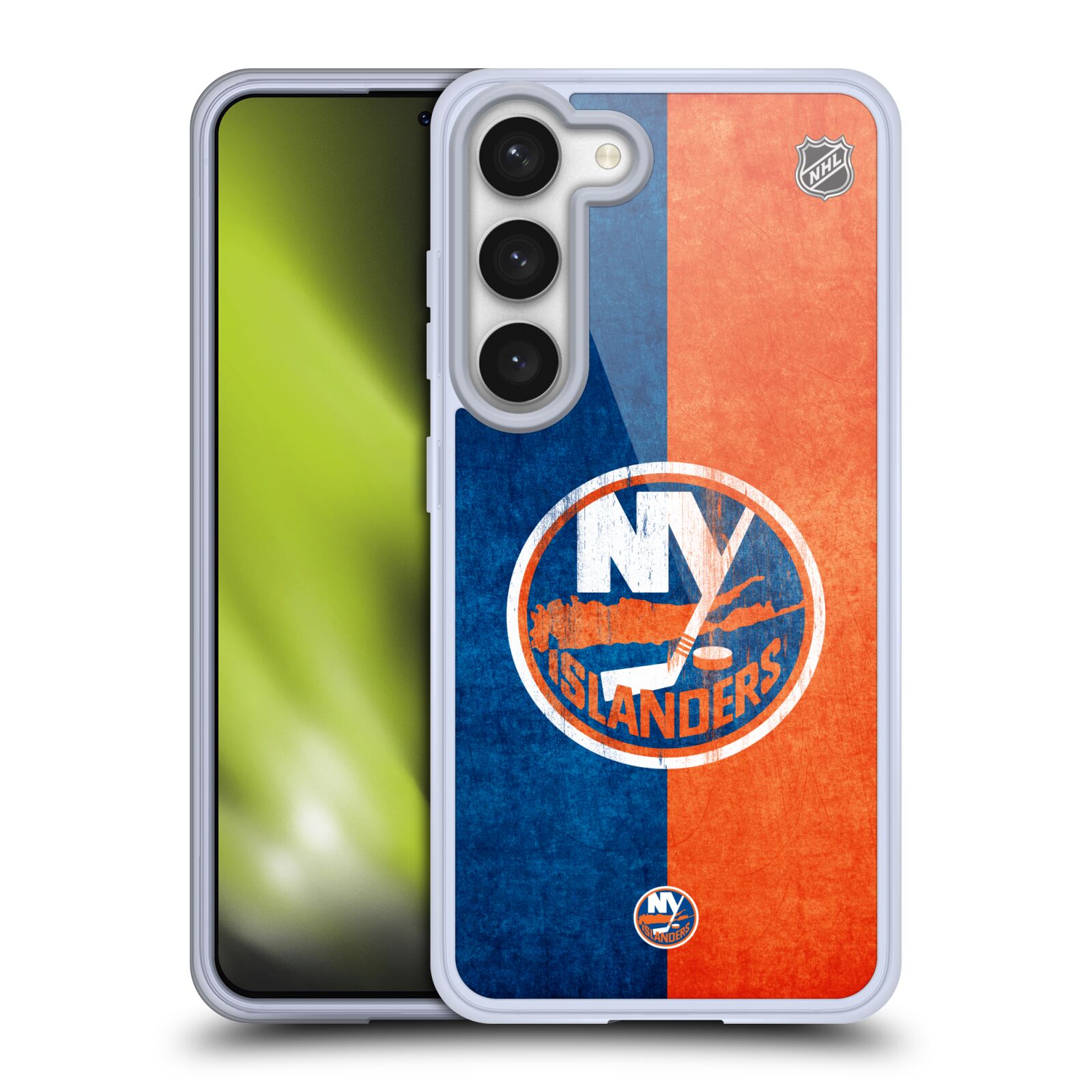 Silikonové pouzdro na mobil Samsung Galaxy S23 - NHL - Půlené logo New York Islanders (Silikonový kryt, obal, pouzdro na mobilní telefon Samsung Galaxy S23 s licencovaným motivem NHL - Půlené logo New York Islanders)