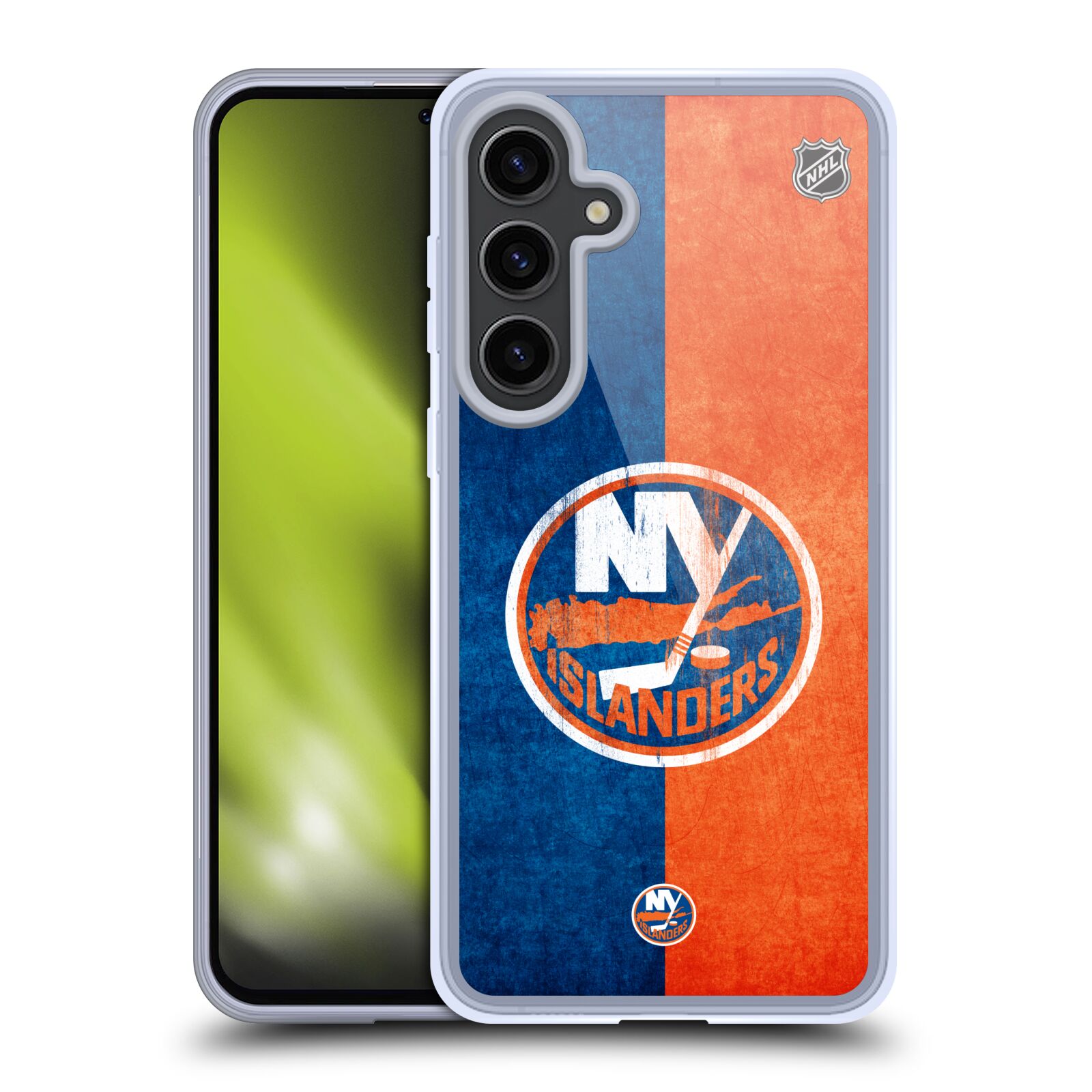Silikonové lesklé pouzdro na mobil Samsung Galaxy S24 Plus - NHL - Půlené logo New York Islanders (Silikonový kryt, obal, pouzdro na mobilní telefon Samsung Galaxy S24 Plus s licencovaným motivem NHL - Půlené logo New York Islanders)