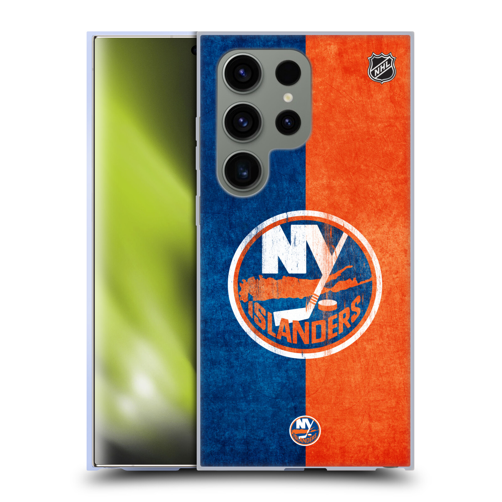Silikonové lesklé pouzdro na mobil Samsung Galaxy S24 Ultra - NHL - Půlené logo New York Islanders (Silikonový kryt, obal, pouzdro na mobilní telefon Samsung Galaxy S24 Ultra s licencovaným motivem NHL - Půlené logo New York Islanders)