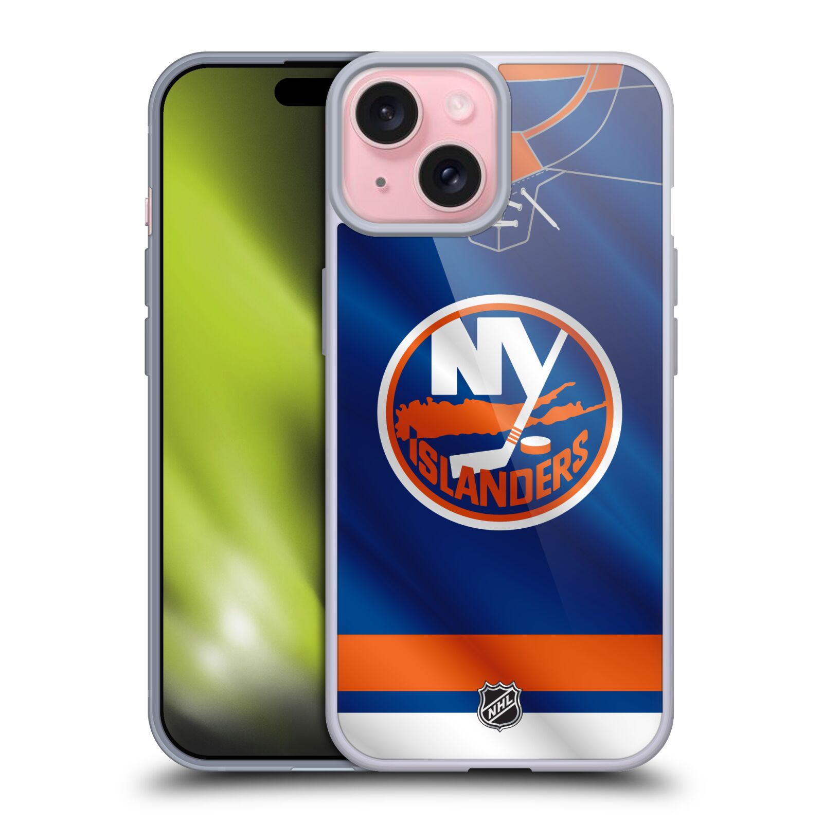 Silikonové lesklé pouzdro na mobil Apple iPhone 15 - NHL - Dres New York Islanders (Silikonový lesklý kryt, obal, pouzdro na mobilní telefon Apple iPhone 15 s licencovaným motivem NHL - Dres New York Islanders)