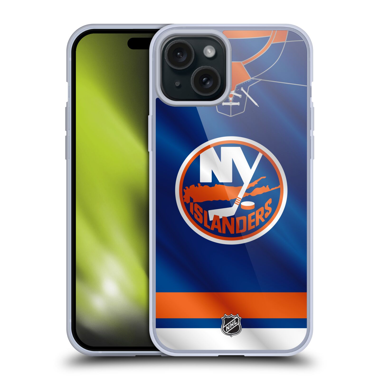 Silikonové lesklé pouzdro na mobil Apple iPhone 15 Plus - NHL - Dres New York Islanders (Silikonový lesklý kryt, obal, pouzdro na mobilní telefon Apple iPhone 15 Plus s licencovaným motivem NHL - Dres New York Islanders)