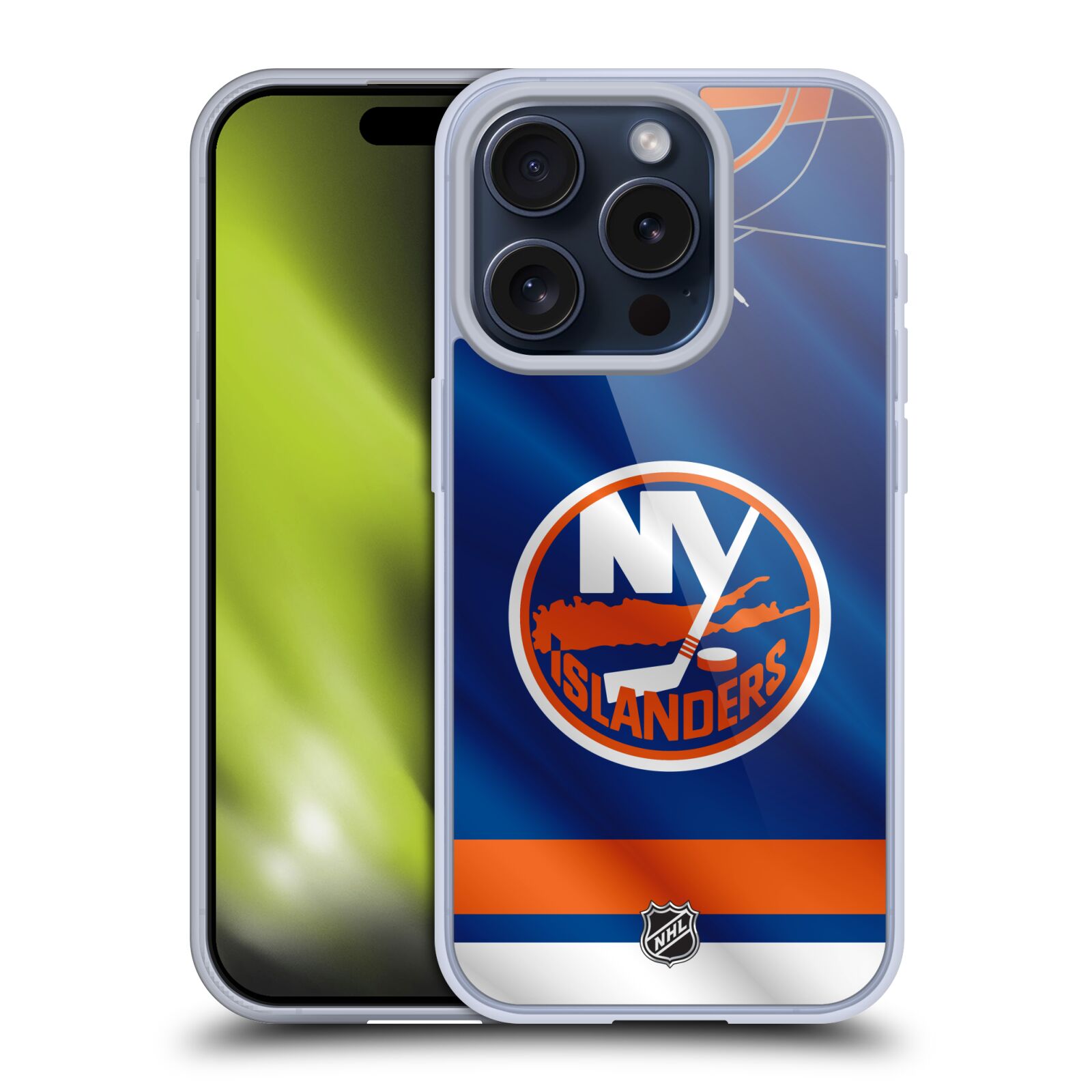 Silikonové lesklé pouzdro na mobil Apple iPhone 15 Pro - NHL - Dres New York Islanders (Silikonový lesklý kryt, obal, pouzdro na mobilní telefon Apple iPhone 15 Pro s licencovaným motivem NHL - Dres New York Islanders)