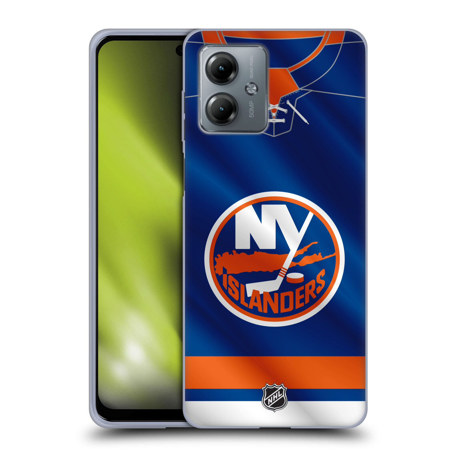 Silikonové pouzdro na mobil Motorola Moto G14 - NHL - Dres New York Islanders (Silikonový kryt, obal, pouzdro na mobilní telefon Motorola Moto G14 s licencovaným motivem NHL - Dres New York Islanders)