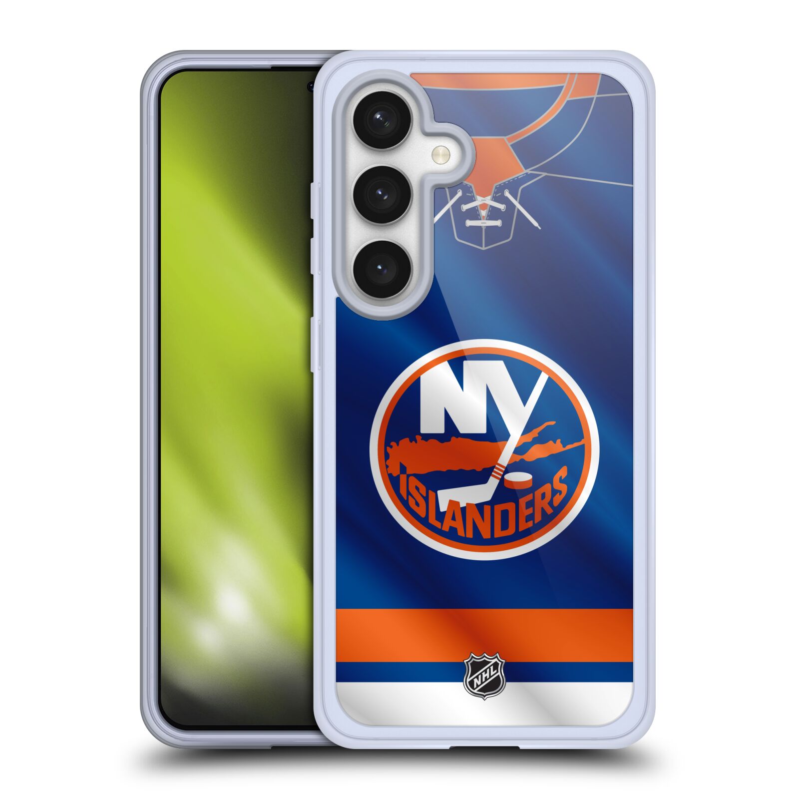 Silikonové lesklé pouzdro na mobil Samsung Galaxy S24 - NHL - Dres New York Islanders (Silikonový kryt, obal, pouzdro na mobilní telefon Samsung Galaxy S24 s licencovaným motivem NHL - Dres New York Islanders)