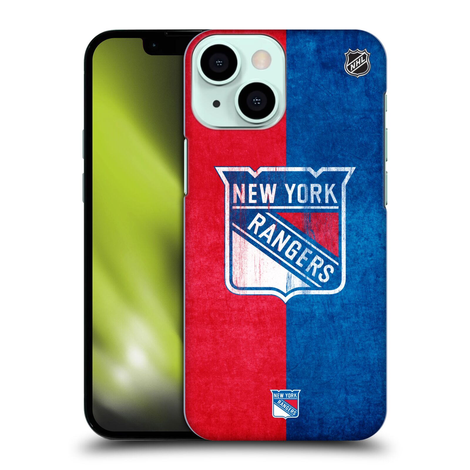 Plastové pouzdro na mobil Apple iPhone 13 Mini - NHL - Půlené logo New York Rangers (Plastový kryt, pouzdro, obal na mobilní telefon Apple iPhone 13 Mini s licencovaným motivem NHL - Půlené logo New York Rangers)