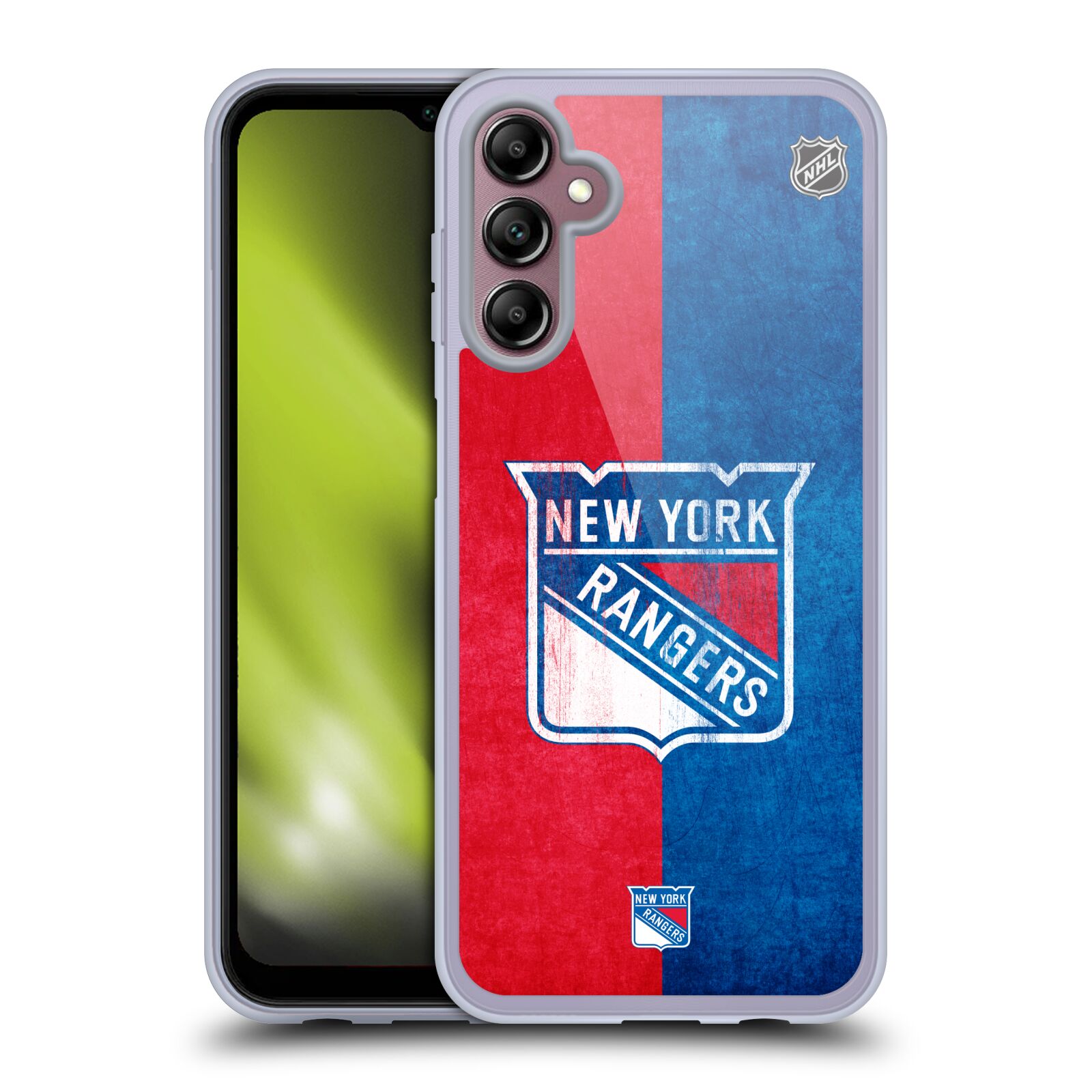 Silikonové pouzdro na mobil Samsung Galaxy A14 5G / LTE - NHL - Půlené logo New York Rangers (Silikonový kryt, obal, pouzdro na mobilní telefon Samsung Galaxy A14 5G / LTE s licencovaným motivem NHL - Půlené logo New York Rangers)