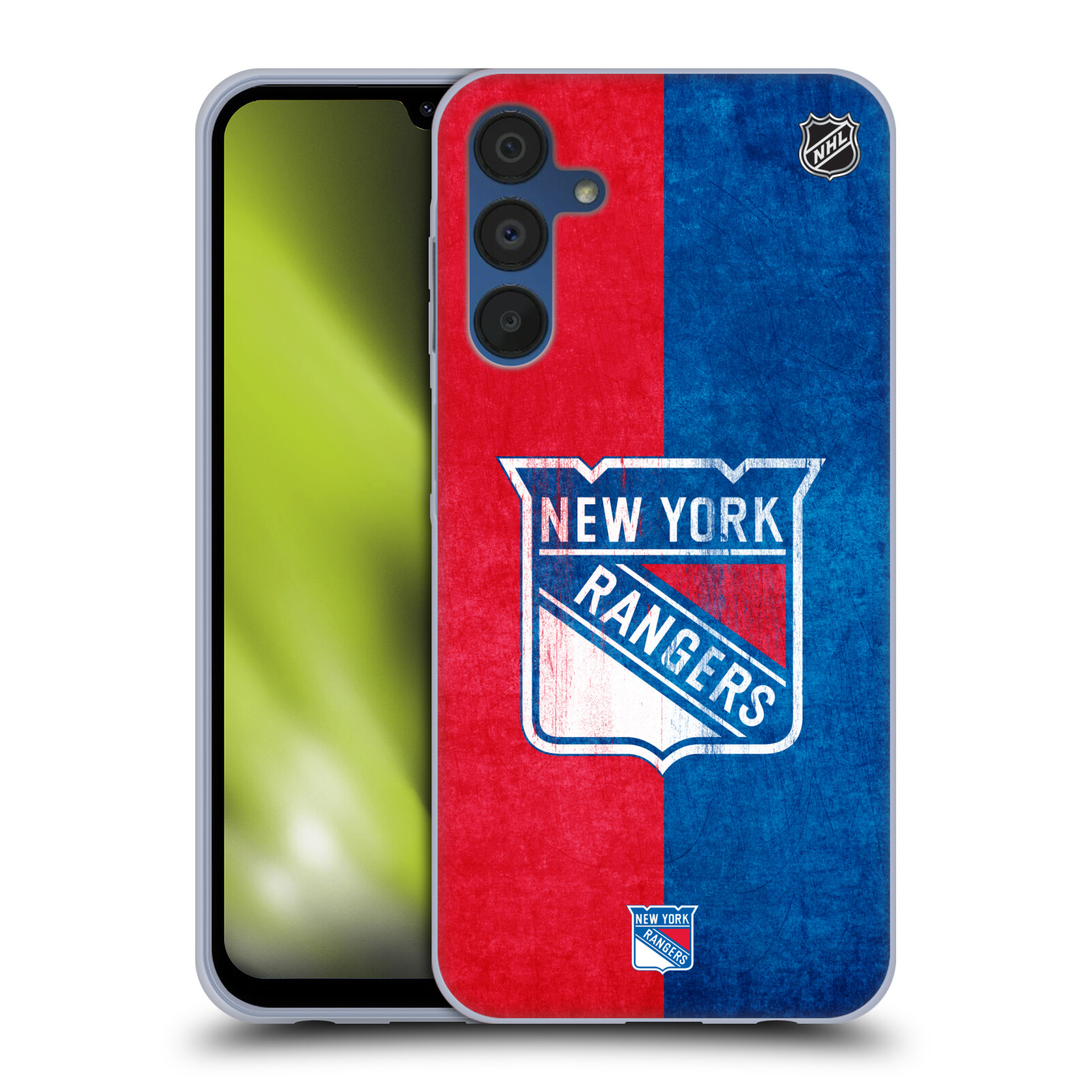Silikonové pouzdro na mobil Samsung Galaxy A15 / A15 5G - NHL - Půlené logo New York Rangers (Silikonový kryt, obal, pouzdro na mobilní telefon Samsung Galaxy A15 / A15 5G s licencovaným motivem NHL - Půlené logo New York Rangers)