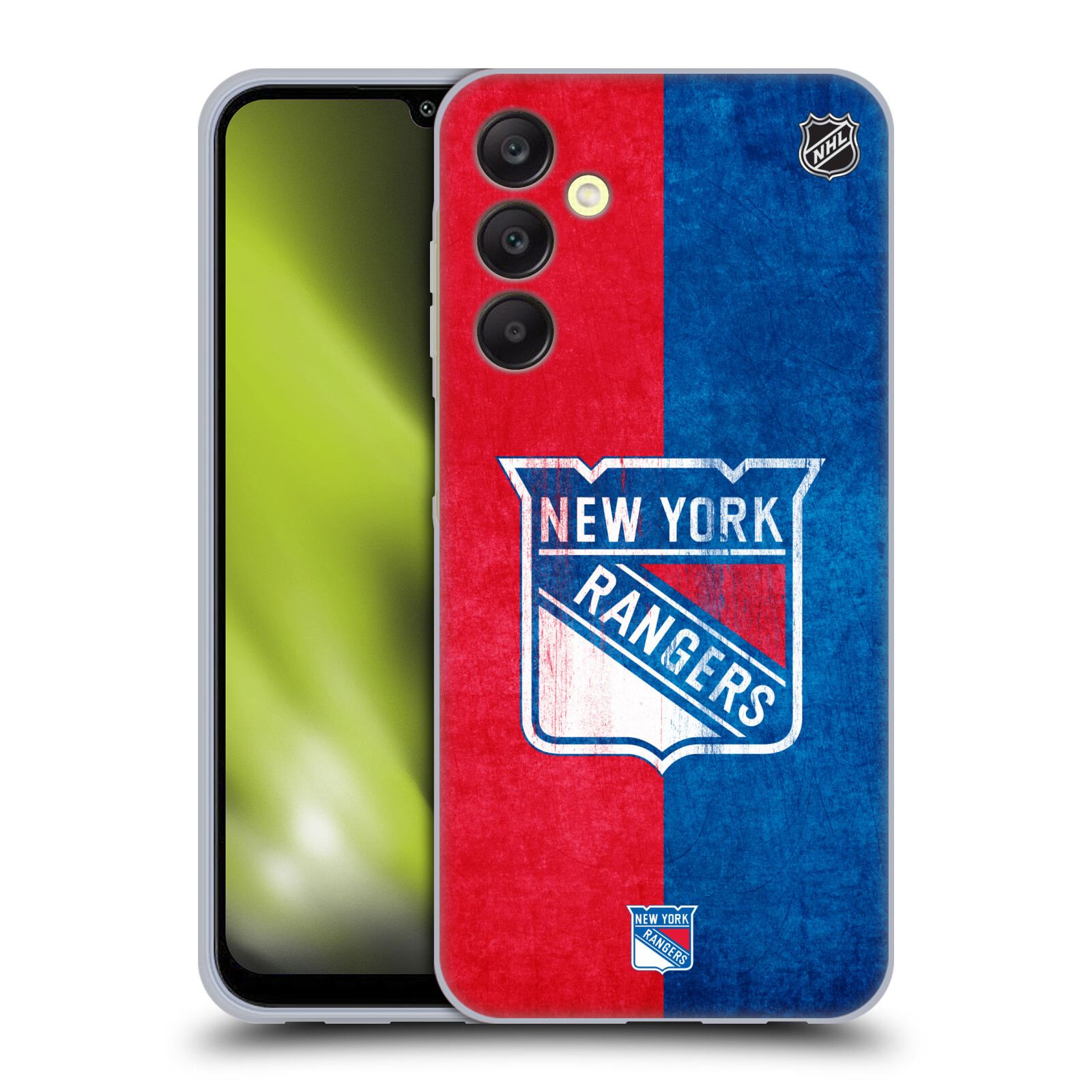 Silikonové pouzdro na mobil Samsung Galaxy A25 5G - NHL - Půlené logo New York Rangers (Silikonový kryt, obal, pouzdro na mobilní telefon Samsung Galaxy A25 5G s licencovaným motivem NHL - Půlené logo New York Rangers)