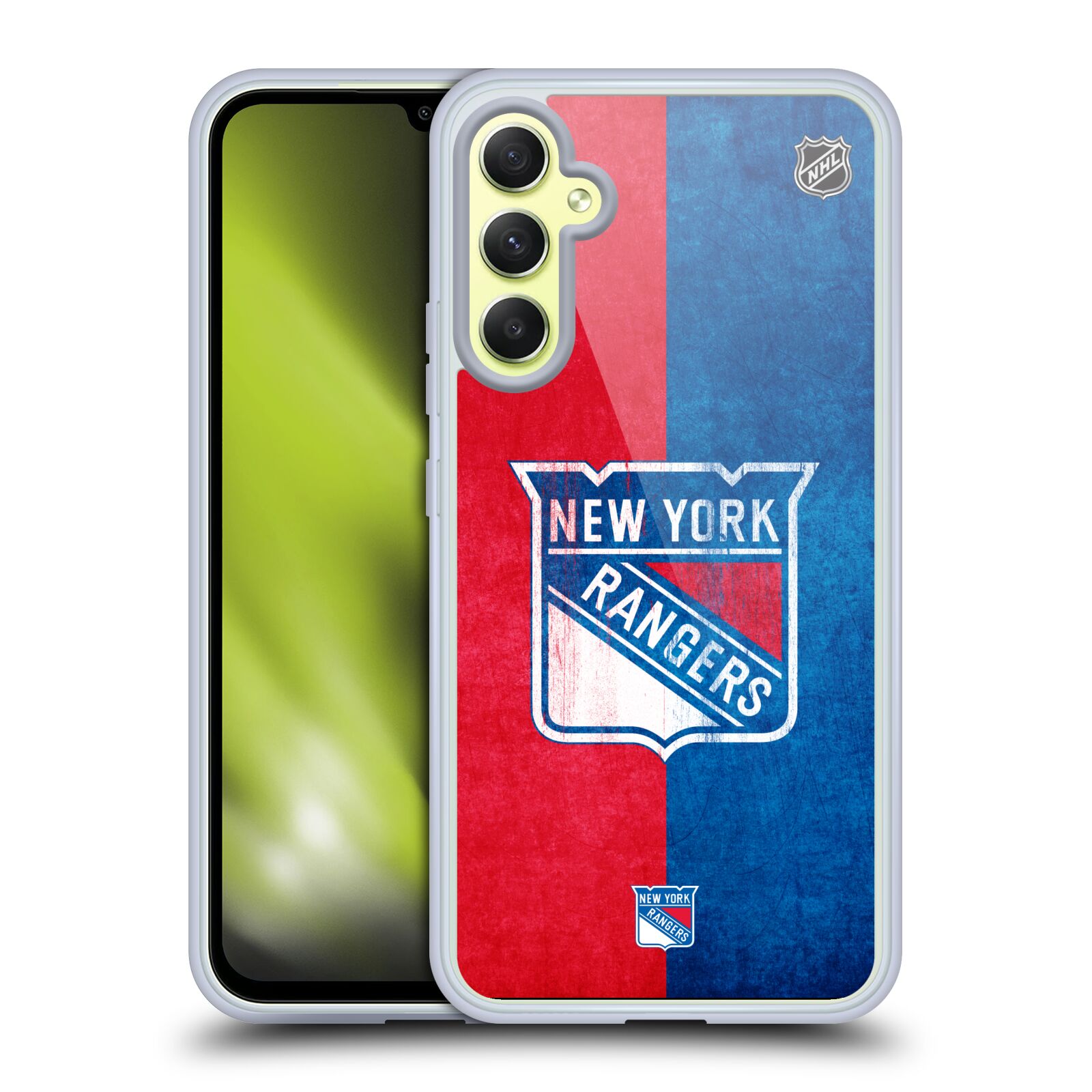 Silikonové pouzdro na mobil Samsung Galaxy A34 5G - NHL - Půlené logo New York Rangers (Silikonový kryt, obal, pouzdro na mobilní telefon Samsung Galaxy A34 5G s licencovaným motivem NHL - Půlené logo New York Rangers)