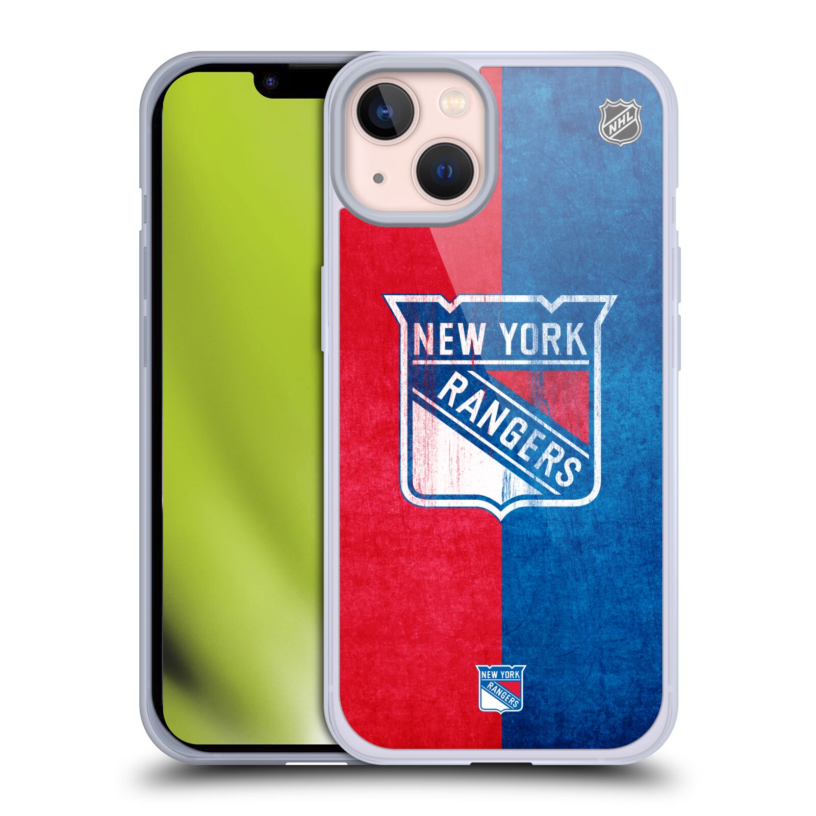 Silikonové pouzdro na mobil Apple iPhone 13 - NHL - Půlené logo New York Rangers (Silikonový kryt, obal, pouzdro na mobilní telefon Apple iPhone 13 s licencovaným motivem NHL - Půlené logo New York Rangers)