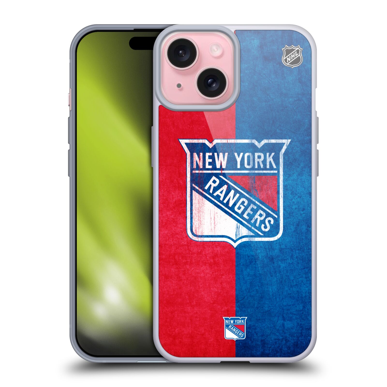 Silikonové lesklé pouzdro na mobil Apple iPhone 15 - NHL - Půlené logo New York Rangers (Silikonový lesklý kryt, obal, pouzdro na mobilní telefon Apple iPhone 15 s licencovaným motivem NHL - Půlené logo New York Rangers)