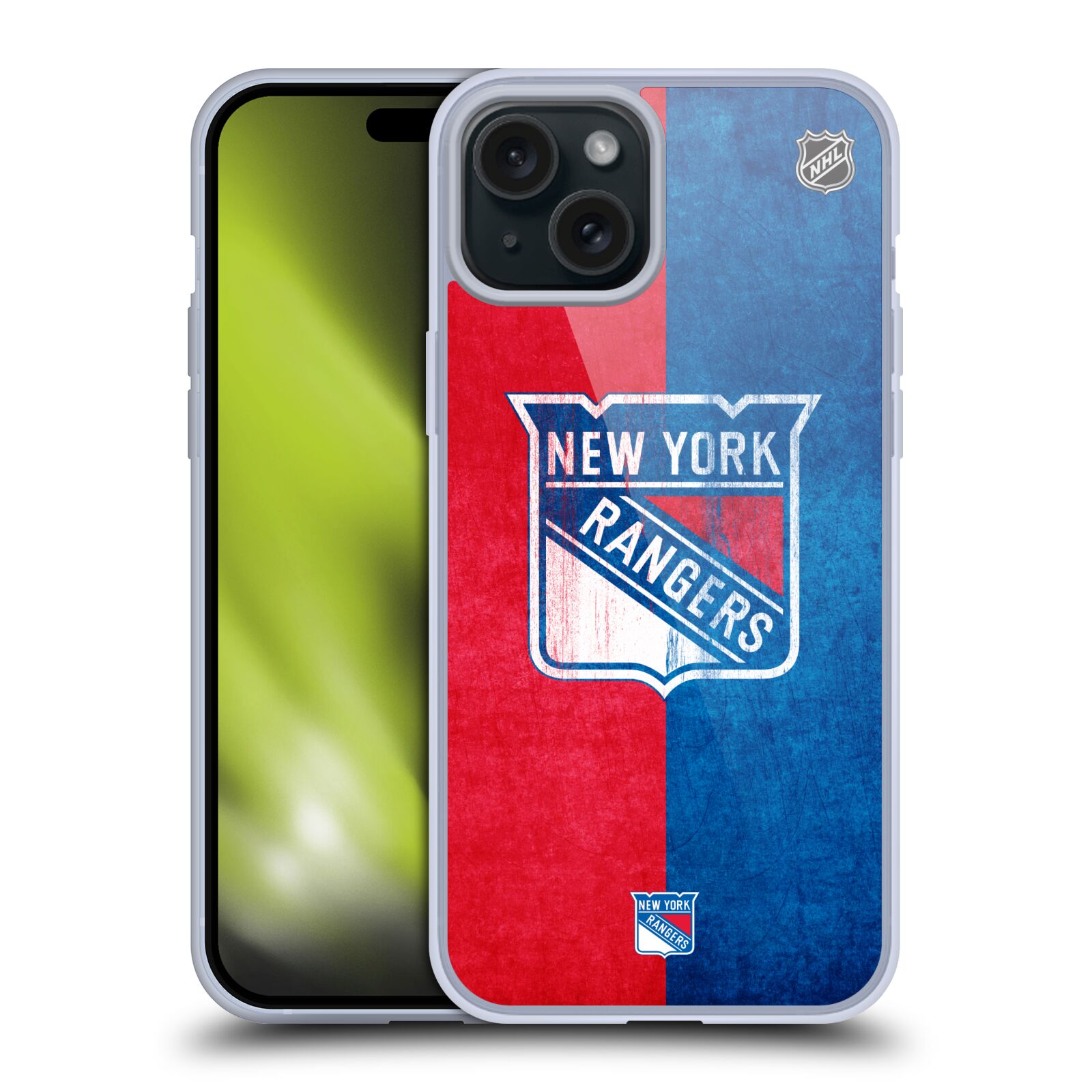 Silikonové lesklé pouzdro na mobil Apple iPhone 15 Plus - NHL - Půlené logo New York Rangers (Silikonový lesklý kryt, obal, pouzdro na mobilní telefon Apple iPhone 15 Plus s licencovaným motivem NHL - Půlené logo New York Rangers)