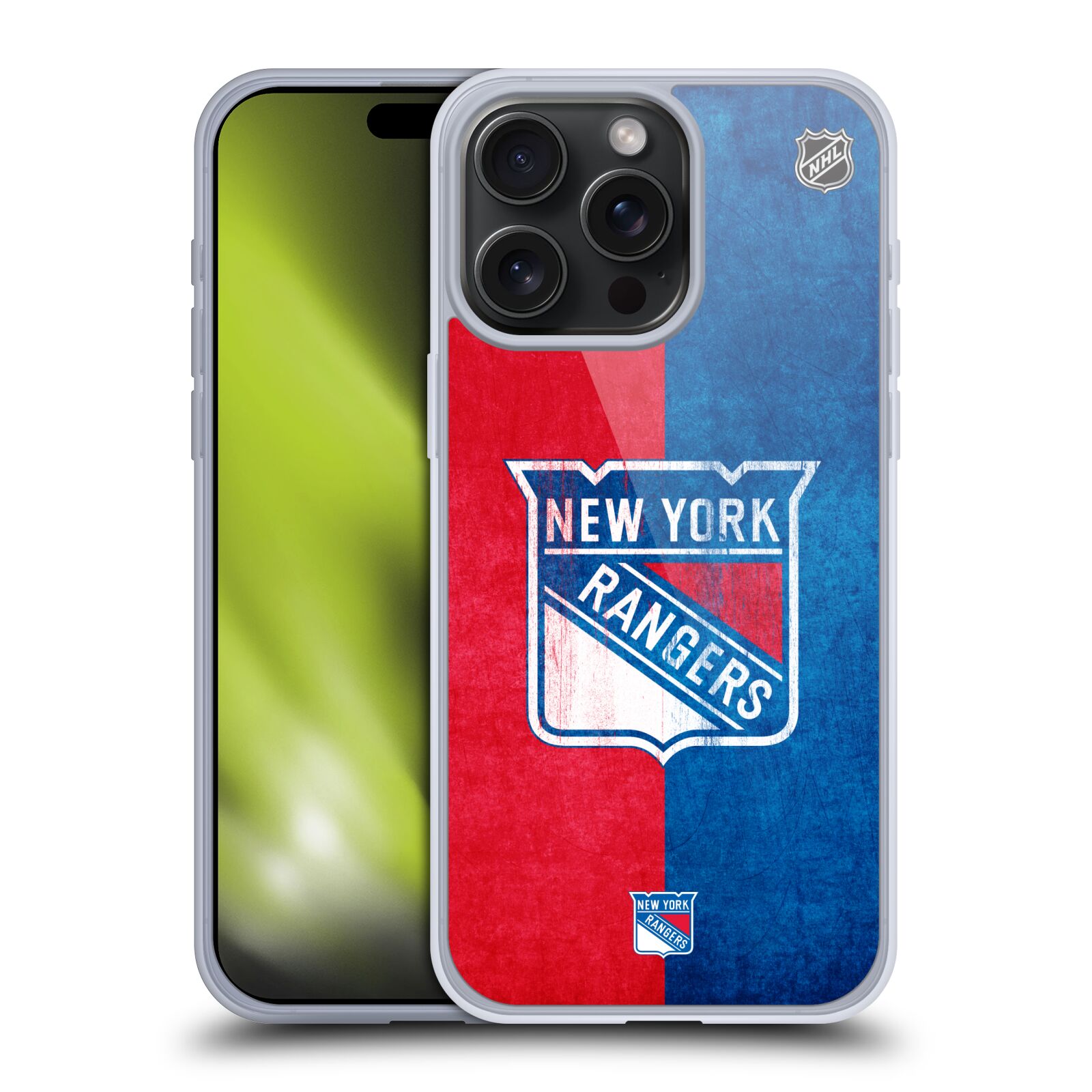 Silikonové lesklé pouzdro na mobil Apple iPhone 15 Pro Max - NHL - Půlené logo New York Rangers (Silikonový lesklý kryt, obal, pouzdro na mobilní telefon Apple iPhone 15 Pro Max s licencovaným motivem NHL - Půlené logo New York Rangers)