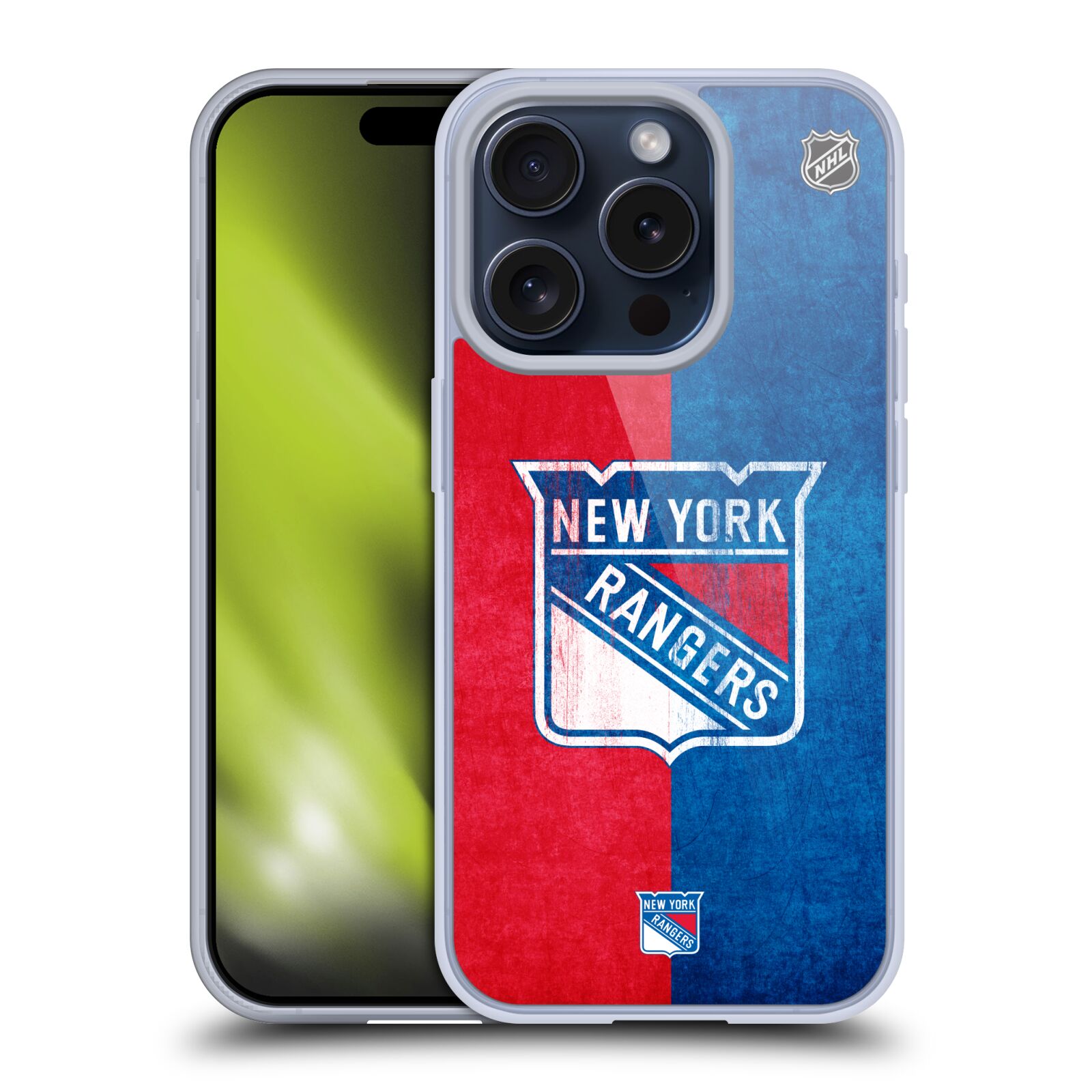 Silikonové lesklé pouzdro na mobil Apple iPhone 15 Pro - NHL - Půlené logo New York Rangers (Silikonový lesklý kryt, obal, pouzdro na mobilní telefon Apple iPhone 15 Pro s licencovaným motivem NHL - Půlené logo New York Rangers)