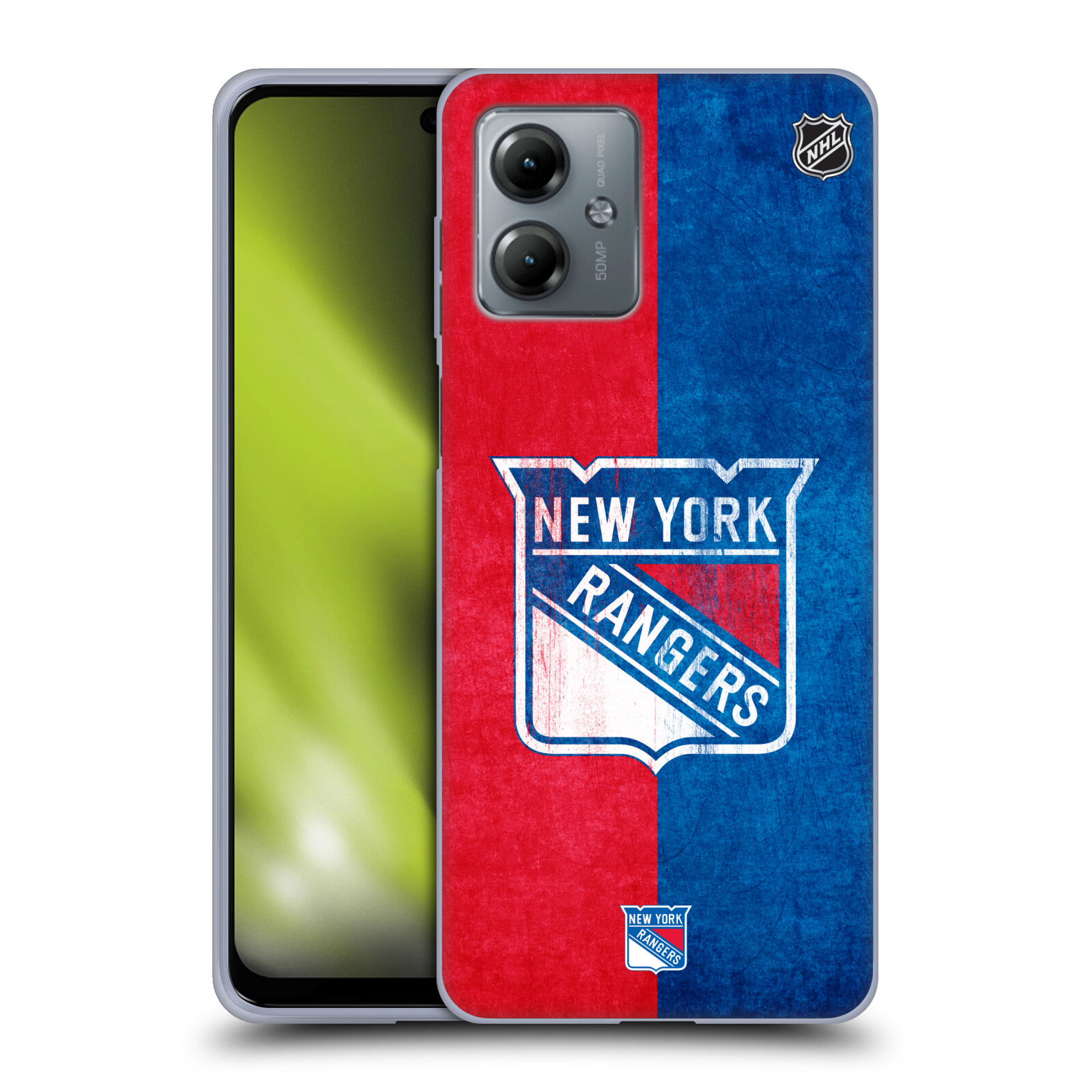 Silikonové pouzdro na mobil Motorola Moto G14 - NHL - Půlené logo New York Rangers (Silikonový kryt, obal, pouzdro na mobilní telefon Motorola Moto G14 s licencovaným motivem NHL - Půlené logo New York Rangers)