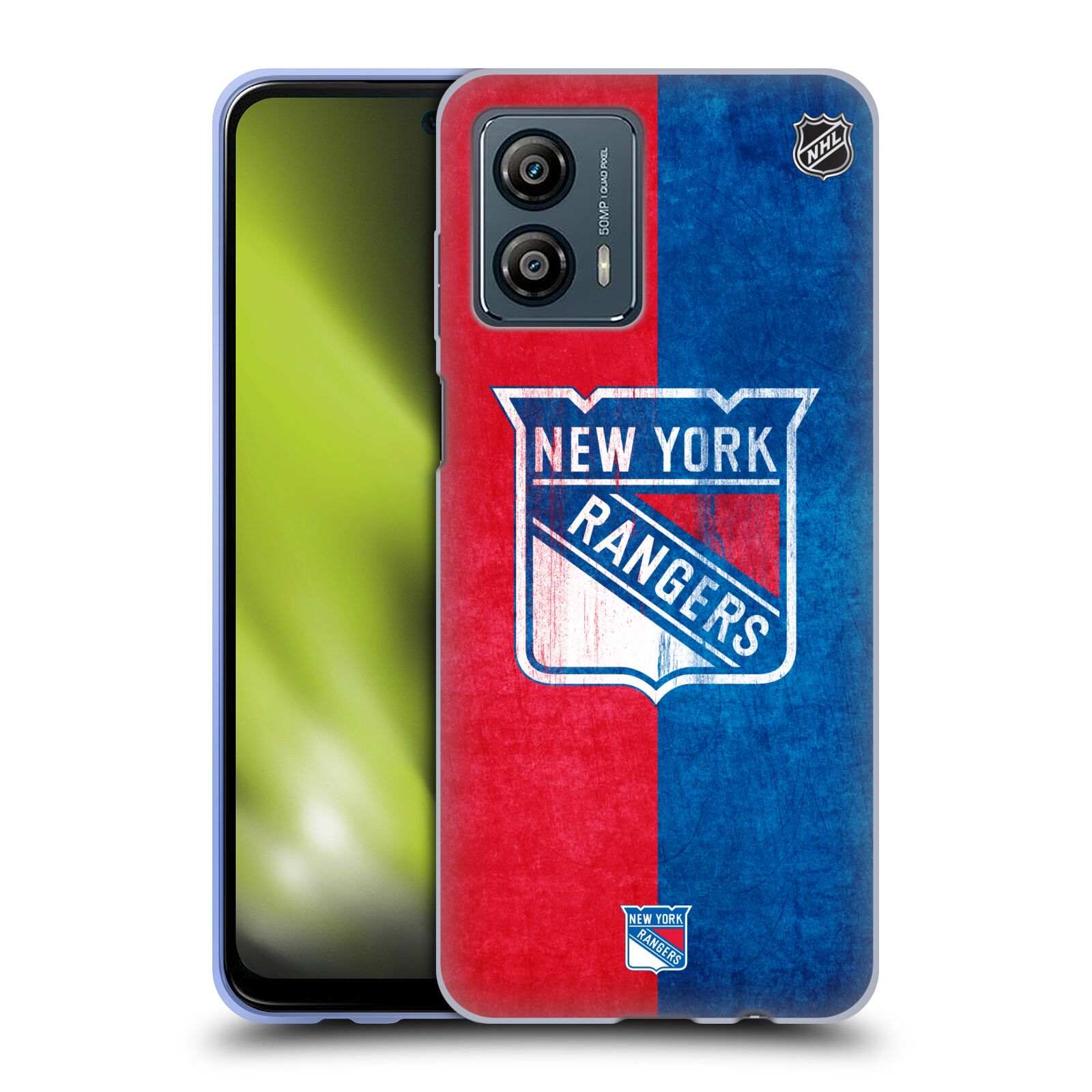 Silikonové pouzdro na mobil Motorola Moto G53 5G - NHL - Půlené logo New York Rangers (Silikonový kryt, obal, pouzdro na mobilní telefon Motorola Moto G53 5G s licencovaným motivem NHL - Půlené logo New York Rangers)