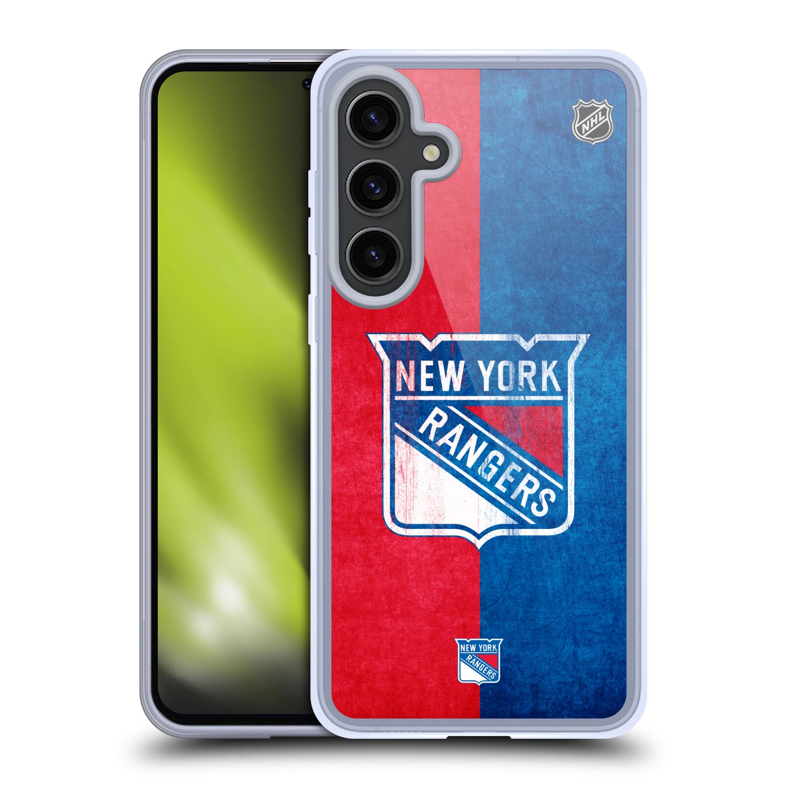 Silikonové lesklé pouzdro na mobil Samsung Galaxy S24 Plus - NHL - Půlené logo New York Rangers (Silikonový kryt, obal, pouzdro na mobilní telefon Samsung Galaxy S24 Plus s licencovaným motivem NHL - Půlené logo New York Rangers)