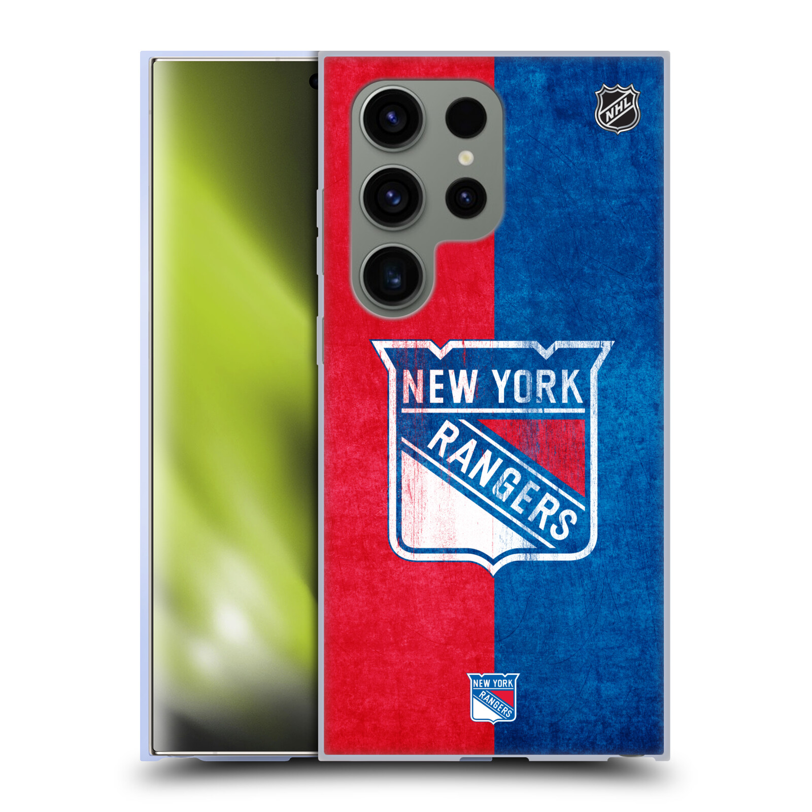 Silikonové lesklé pouzdro na mobil Samsung Galaxy S24 Ultra - NHL - Půlené logo New York Rangers (Silikonový kryt, obal, pouzdro na mobilní telefon Samsung Galaxy S24 Ultra s licencovaným motivem NHL - Půlené logo New York Rangers)