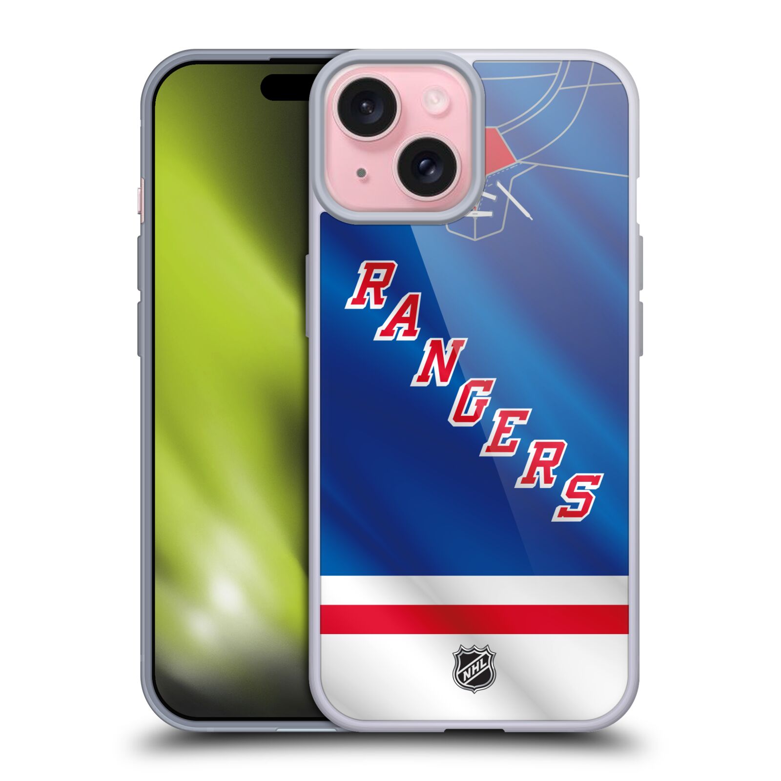 Silikonové lesklé pouzdro na mobil Apple iPhone 15 - NHL - Dres New York Rangers (Silikonový lesklý kryt, obal, pouzdro na mobilní telefon Apple iPhone 15 s licencovaným motivem NHL - Dres New York Rangers)