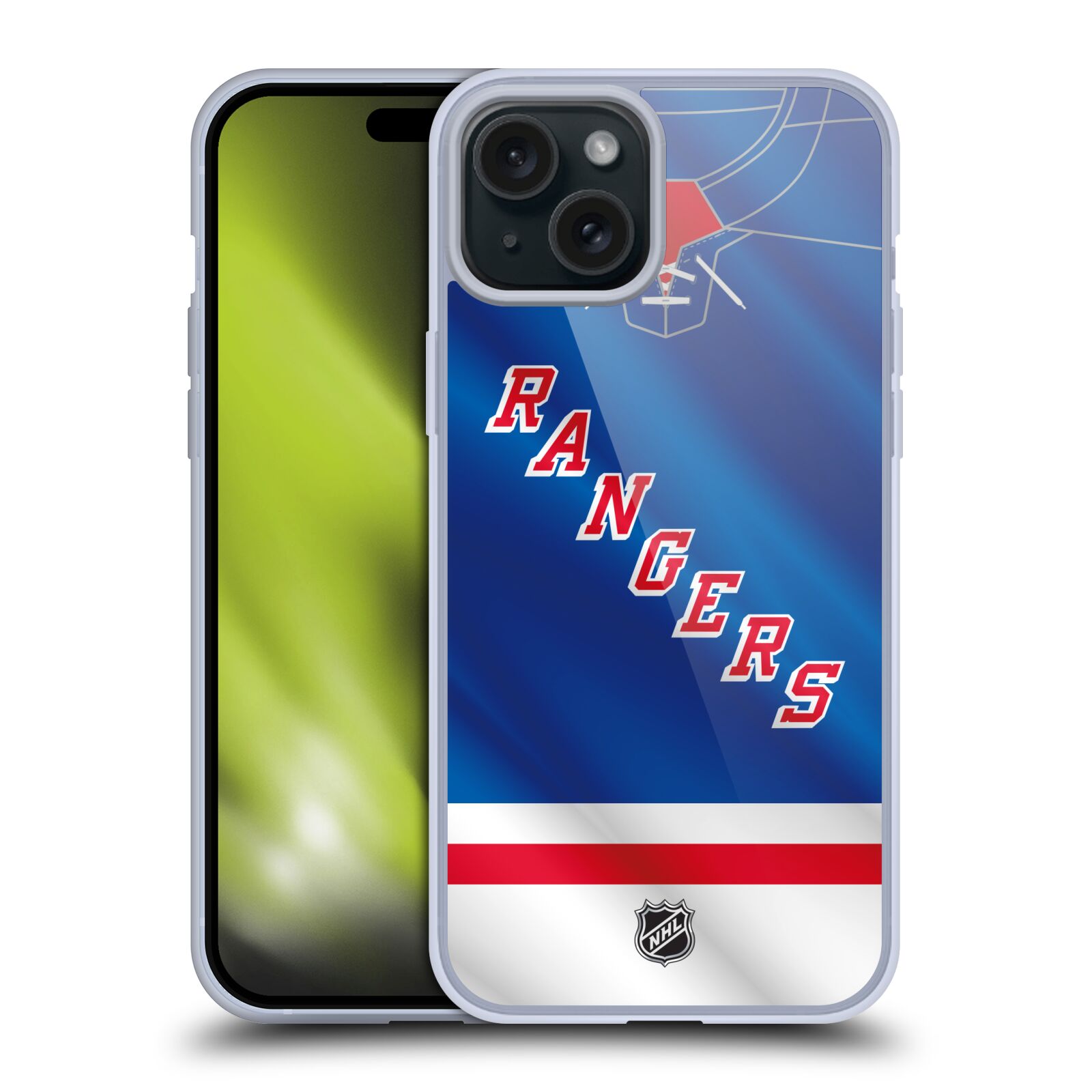 Silikonové lesklé pouzdro na mobil Apple iPhone 15 Plus - NHL - Dres New York Rangers (Silikonový lesklý kryt, obal, pouzdro na mobilní telefon Apple iPhone 15 Plus s licencovaným motivem NHL - Dres New York Rangers)