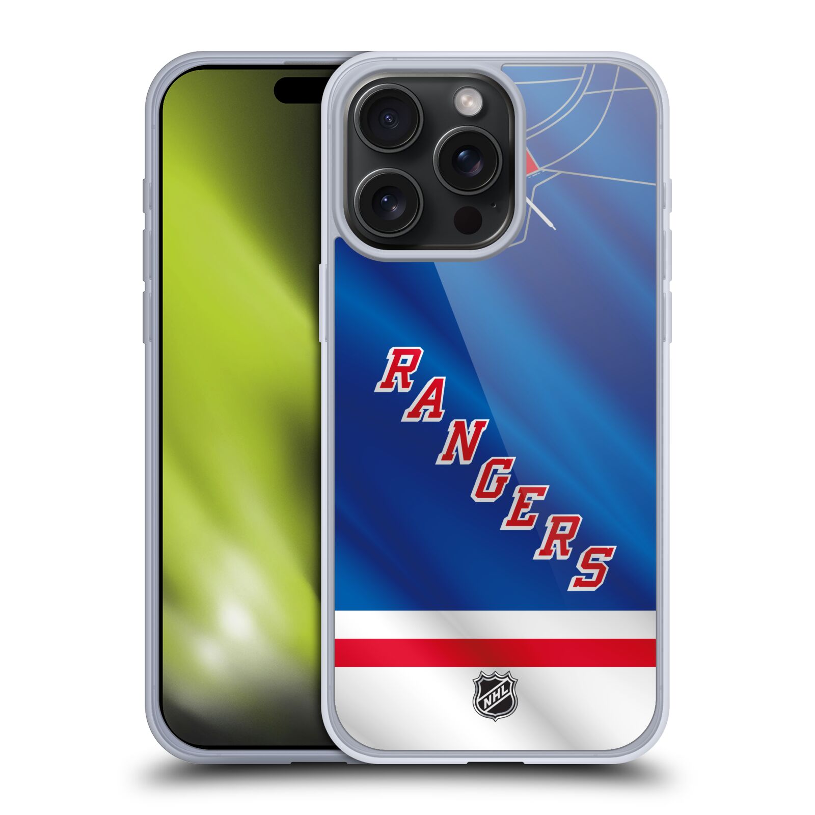 Silikonové lesklé pouzdro na mobil Apple iPhone 15 Pro Max - NHL - Dres New York Rangers (Silikonový lesklý kryt, obal, pouzdro na mobilní telefon Apple iPhone 15 Pro Max s licencovaným motivem NHL - Dres New York Rangers)