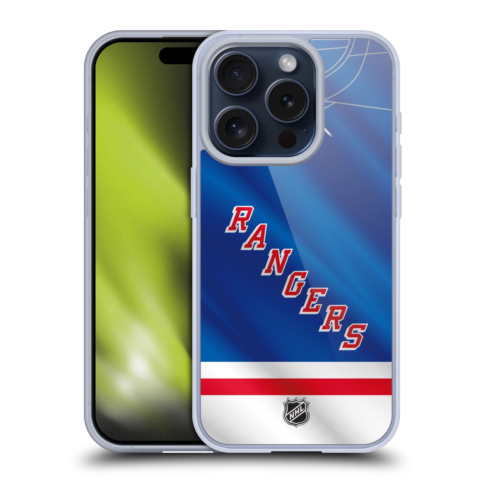 Silikonové lesklé pouzdro na mobil Apple iPhone 15 Pro - NHL - Dres New York Rangers (Silikonový lesklý kryt, obal, pouzdro na mobilní telefon Apple iPhone 15 Pro s licencovaným motivem NHL - Dres New York Rangers)