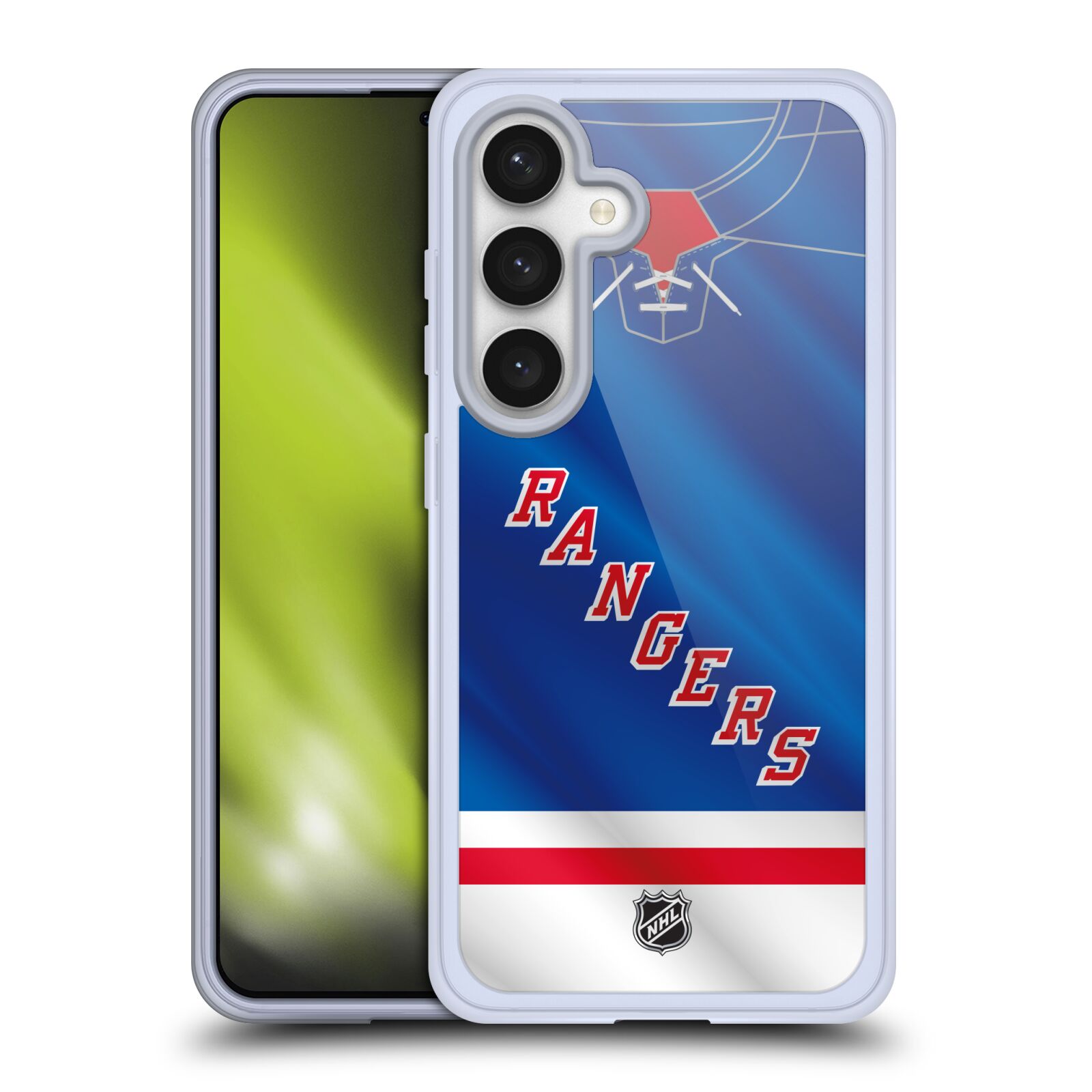 Silikonové lesklé pouzdro na mobil Samsung Galaxy S24 - NHL - Dres New York Rangers (Silikonový kryt, obal, pouzdro na mobilní telefon Samsung Galaxy S24 s licencovaným motivem NHL - Dres New York Rangers)