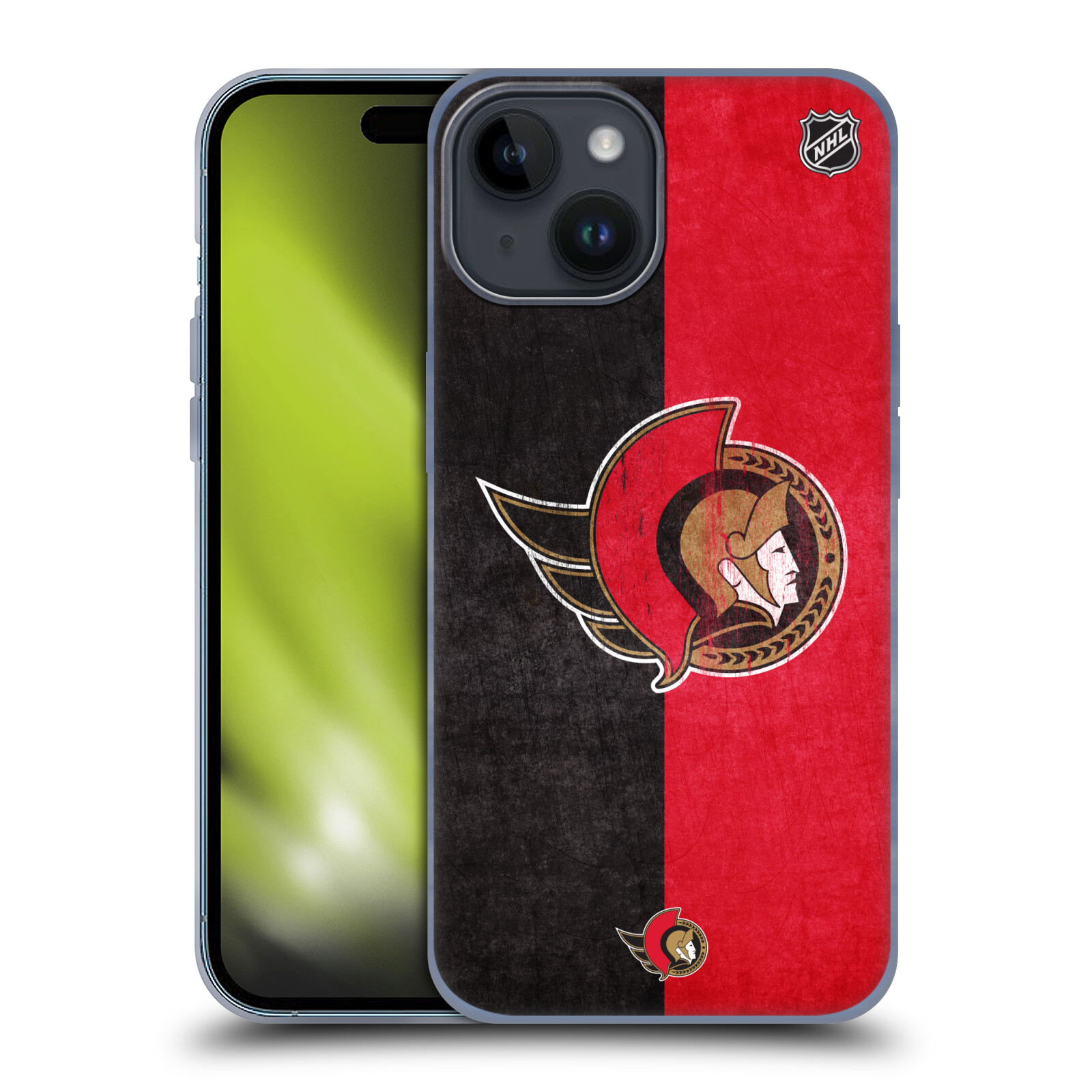 Silikonové lesklé pouzdro na mobil Apple iPhone 15 - NHL - Půlené logo Ottawa Senators (Silikonový lesklý kryt, obal, pouzdro na mobilní telefon Apple iPhone 15 s licencovaným motivem NHL - Půlené logo Ottawa Senators)