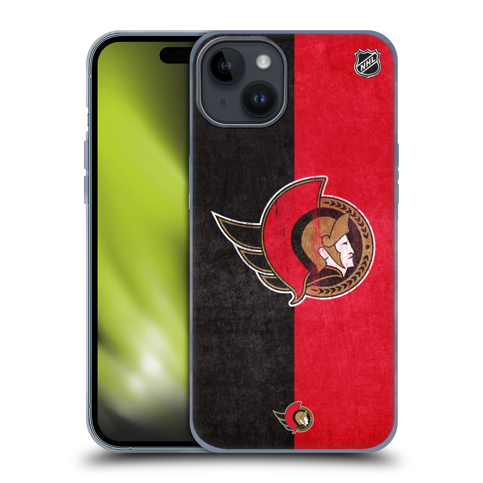 Silikonové lesklé pouzdro na mobil Apple iPhone 15 Plus - NHL - Půlené logo Ottawa Senators (Silikonový lesklý kryt, obal, pouzdro na mobilní telefon Apple iPhone 15 Plus s licencovaným motivem NHL - Půlené logo Ottawa Senators)