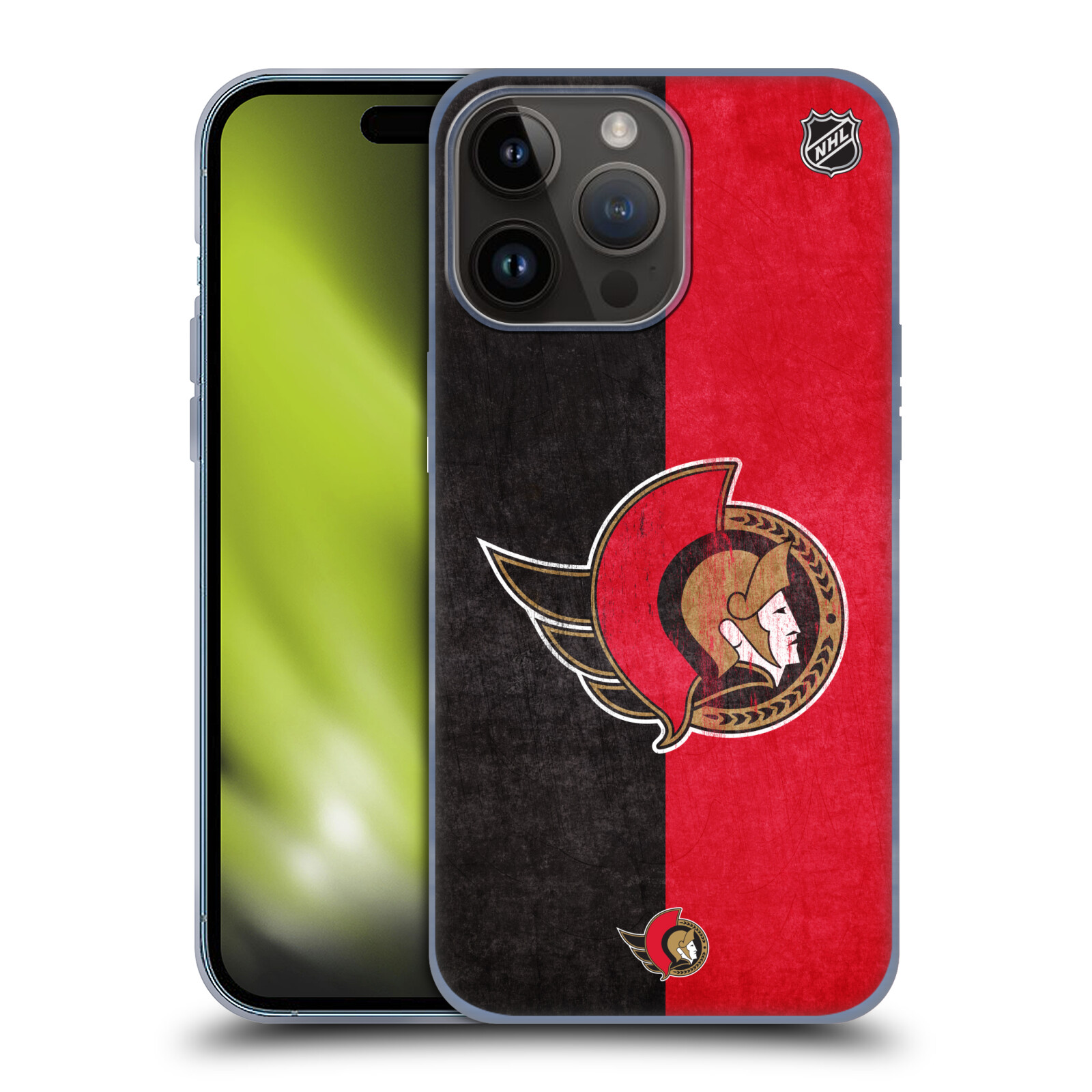 Silikonové lesklé pouzdro na mobil Apple iPhone 15 Pro Max - NHL - Půlené logo Ottawa Senators (Silikonový lesklý kryt, obal, pouzdro na mobilní telefon Apple iPhone 15 Pro Max s licencovaným motivem NHL - Půlené logo Ottawa Senators)