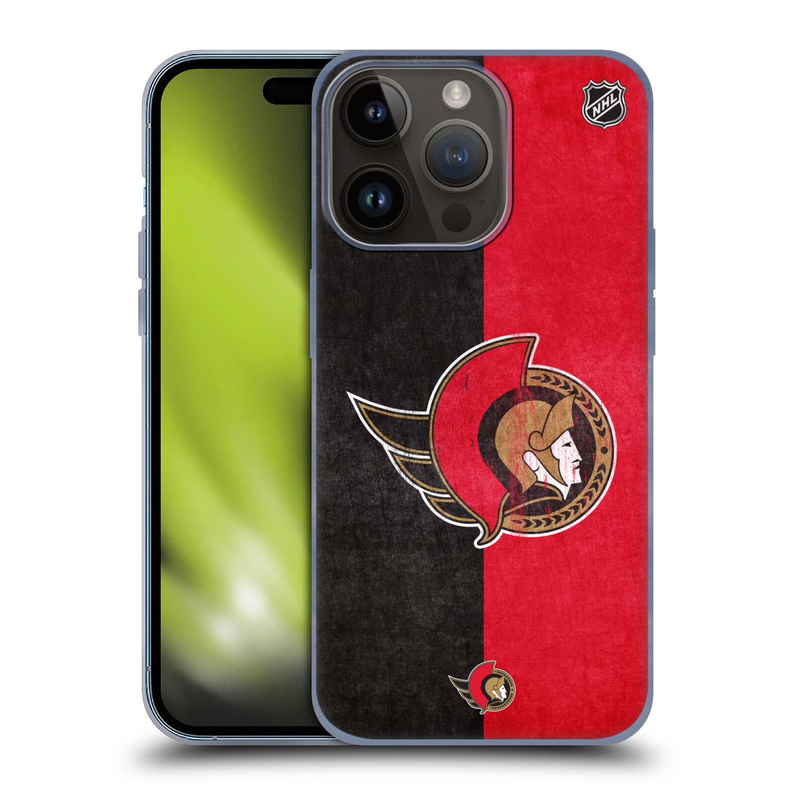 Silikonové lesklé pouzdro na mobil Apple iPhone 15 Pro - NHL - Půlené logo Ottawa Senators (Silikonový lesklý kryt, obal, pouzdro na mobilní telefon Apple iPhone 15 Pro s licencovaným motivem NHL - Půlené logo Ottawa Senators)