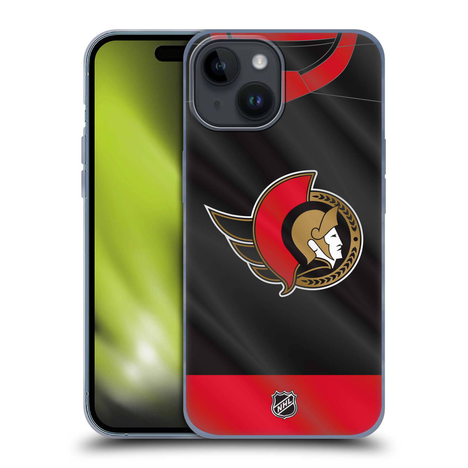 Silikonové lesklé pouzdro na mobil Apple iPhone 15 - NHL - Dres Ottawa Senators (Silikonový lesklý kryt, obal, pouzdro na mobilní telefon Apple iPhone 15 s licencovaným motivem NHL - Dres Ottawa Senators)