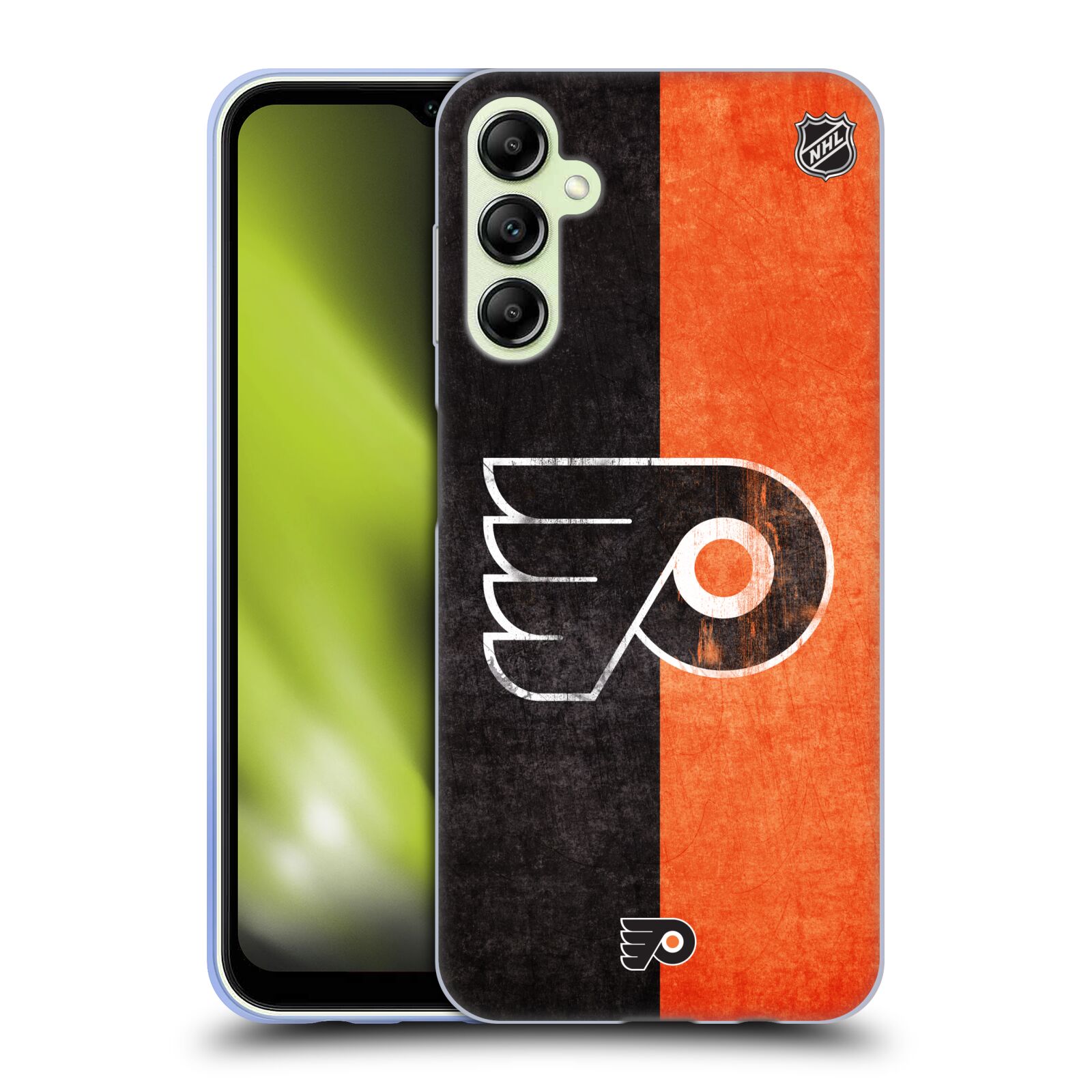 Silikonové pouzdro na mobil Samsung Galaxy A14 5G / LTE - NHL - Půlené logo Philadelphia Flyers (Silikonový kryt, obal, pouzdro na mobilní telefon Samsung Galaxy A14 5G / LTE s licencovaným motivem NHL - Půlené logo Philadelphia Flyers)