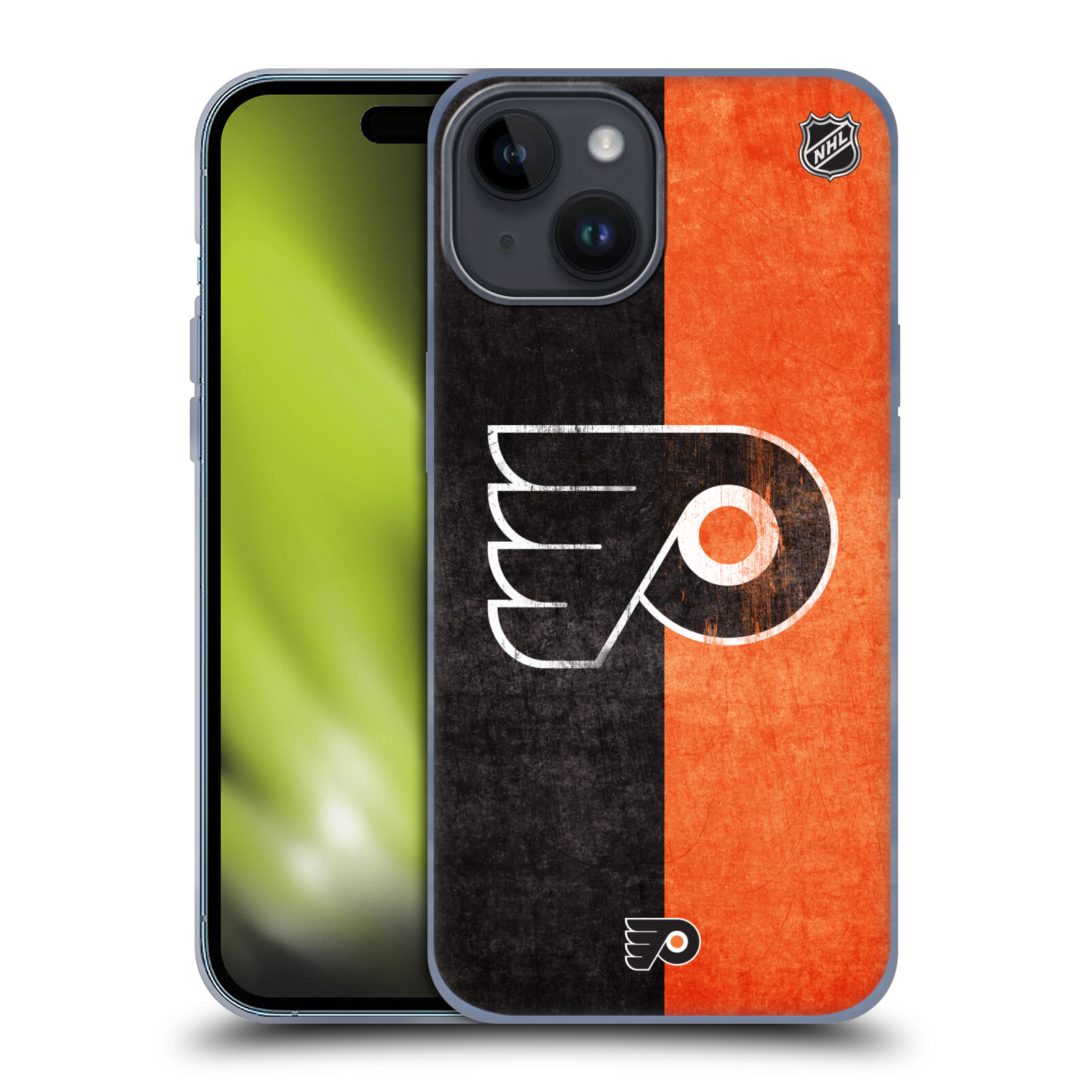 Silikonové lesklé pouzdro na mobil Apple iPhone 15 - NHL - Půlené logo Philadelphia Flyers (Silikonový lesklý kryt, obal, pouzdro na mobilní telefon Apple iPhone 15 s licencovaným motivem NHL - Půlené logo Philadelphia Flyers)