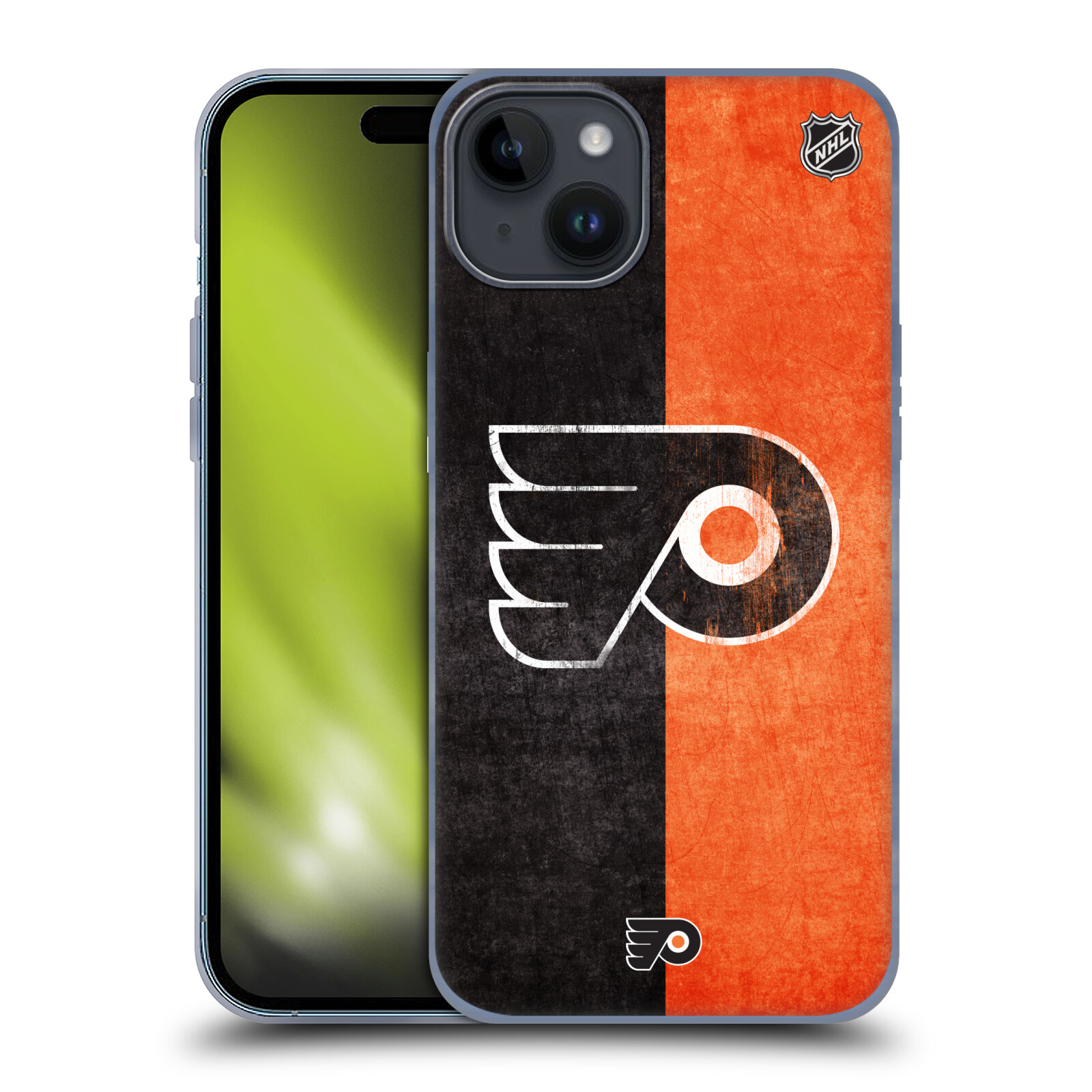 Silikonové lesklé pouzdro na mobil Apple iPhone 15 Plus - NHL - Půlené logo Philadelphia Flyers (Silikonový lesklý kryt, obal, pouzdro na mobilní telefon Apple iPhone 15 Plus s licencovaným motivem NHL - Půlené logo Philadelphia Flyers)