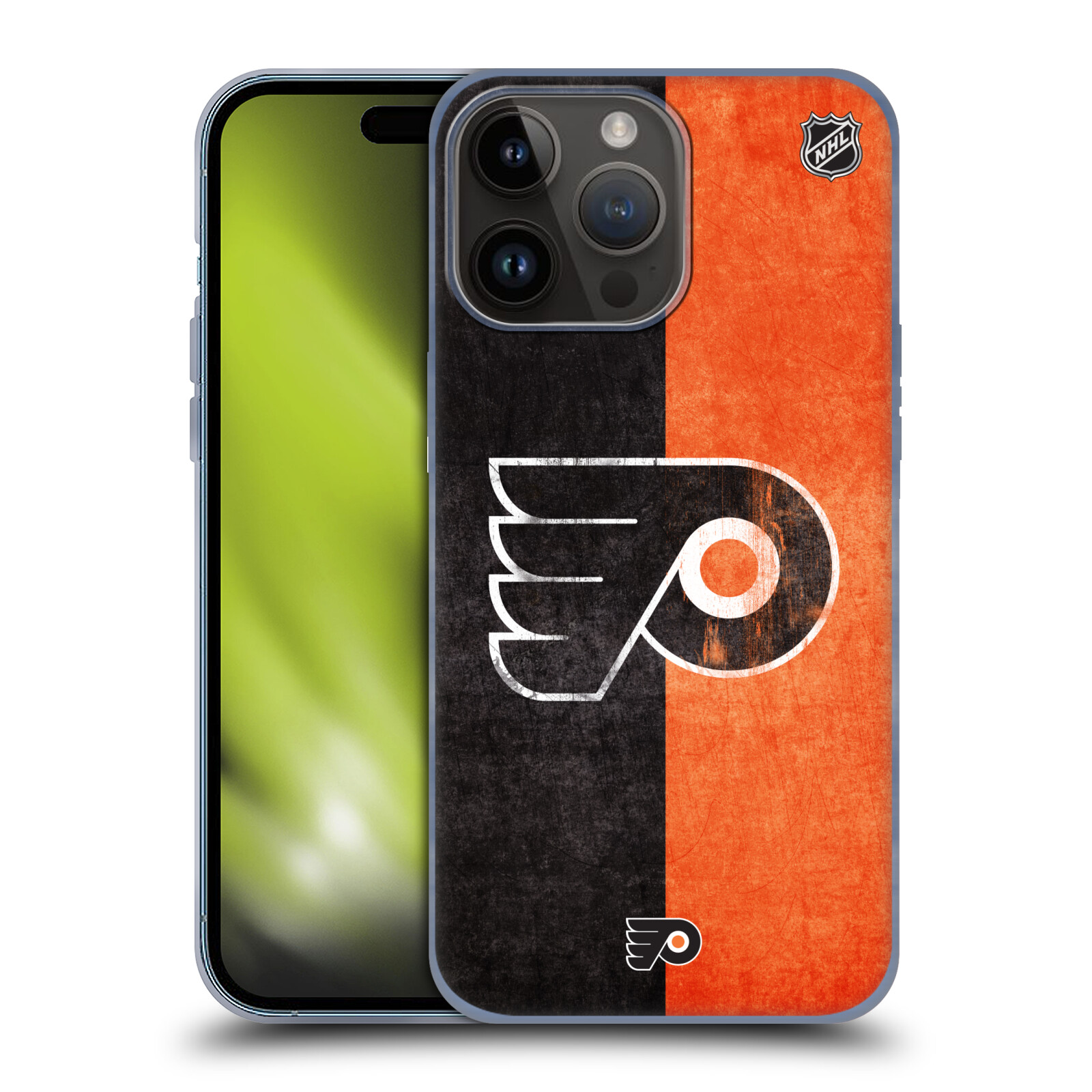 Silikonové lesklé pouzdro na mobil Apple iPhone 15 Pro Max - NHL - Půlené logo Philadelphia Flyers (Silikonový lesklý kryt, obal, pouzdro na mobilní telefon Apple iPhone 15 Pro Max s licencovaným motivem NHL - Půlené logo Philadelphia Flyers)