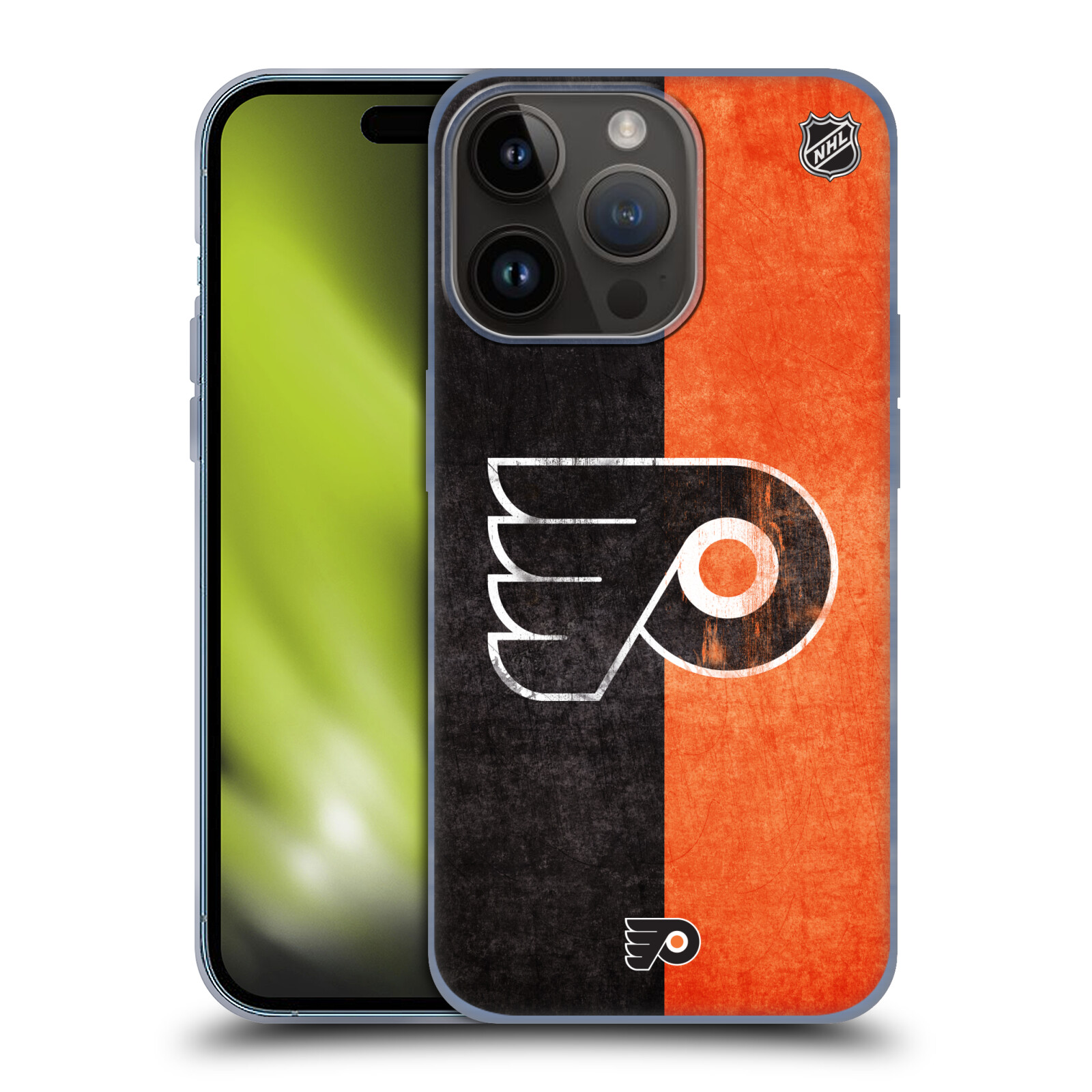Silikonové lesklé pouzdro na mobil Apple iPhone 15 Pro - NHL - Půlené logo Philadelphia Flyers (Silikonový lesklý kryt, obal, pouzdro na mobilní telefon Apple iPhone 15 Pro s licencovaným motivem NHL - Půlené logo Philadelphia Flyers)