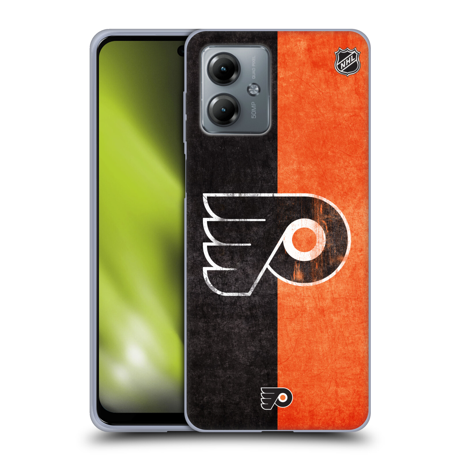 Silikonové pouzdro na mobil Motorola Moto G14 - NHL - Půlené logo Philadelphia Flyers (Silikonový kryt, obal, pouzdro na mobilní telefon Motorola Moto G14 s licencovaným motivem NHL - Půlené logo Philadelphia Flyers)