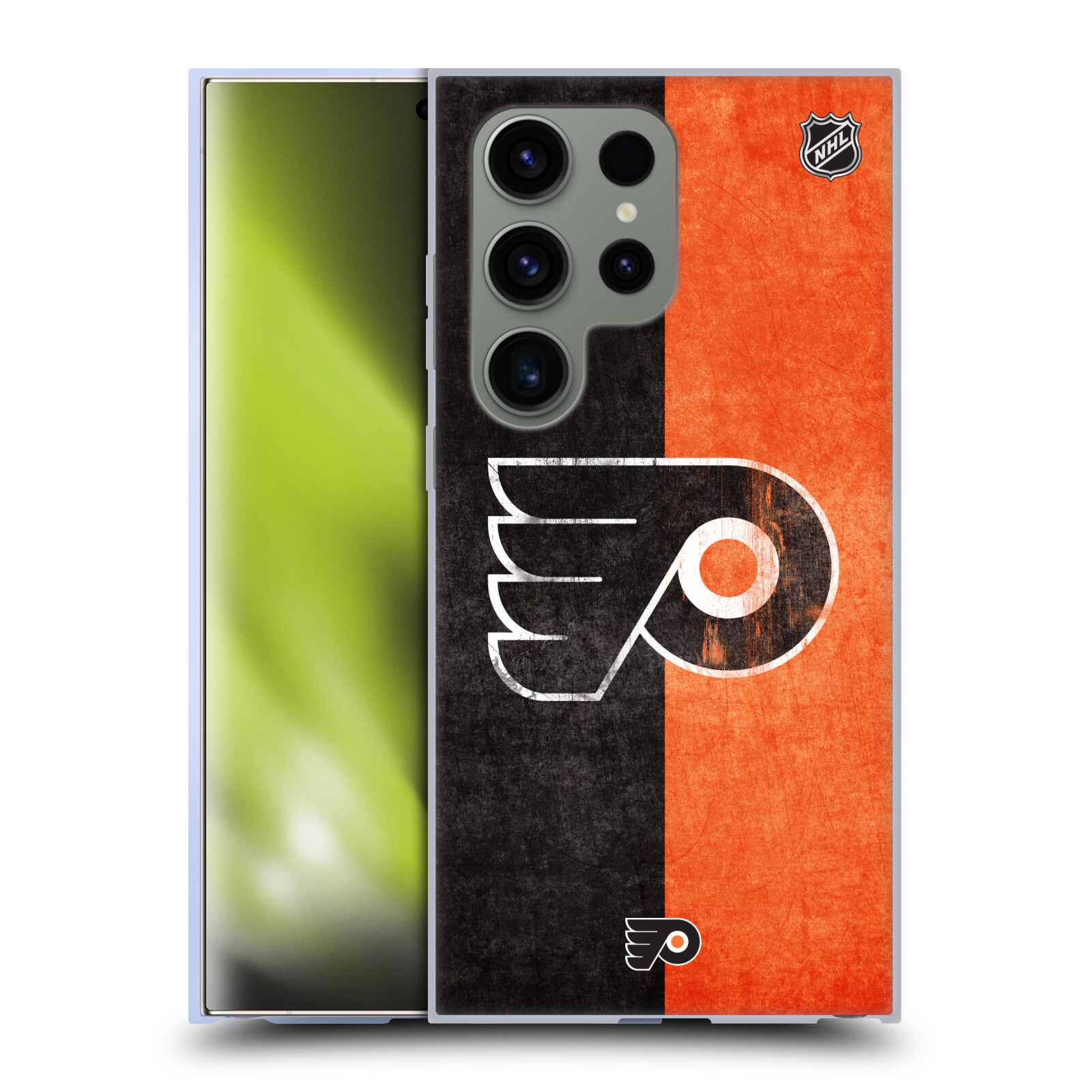 Silikonové lesklé pouzdro na mobil Samsung Galaxy S24 Ultra - NHL - Půlené logo Philadelphia Flyers (Silikonový kryt, obal, pouzdro na mobilní telefon Samsung Galaxy S24 Ultra s licencovaným motivem NHL - Půlené logo Philadelphia Flyers)